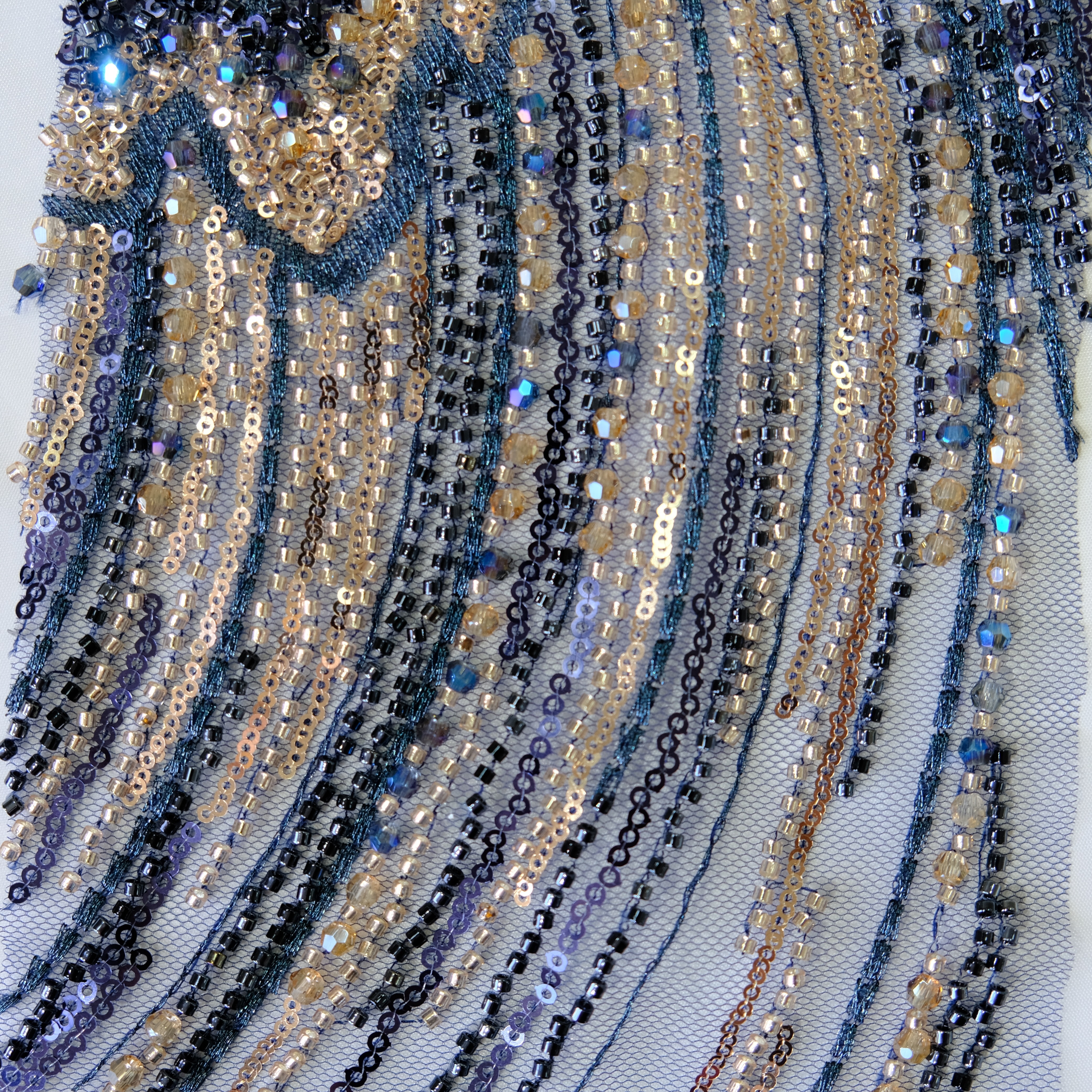 Phoenix Feather Beaded Embroidery Fabric in Navy color