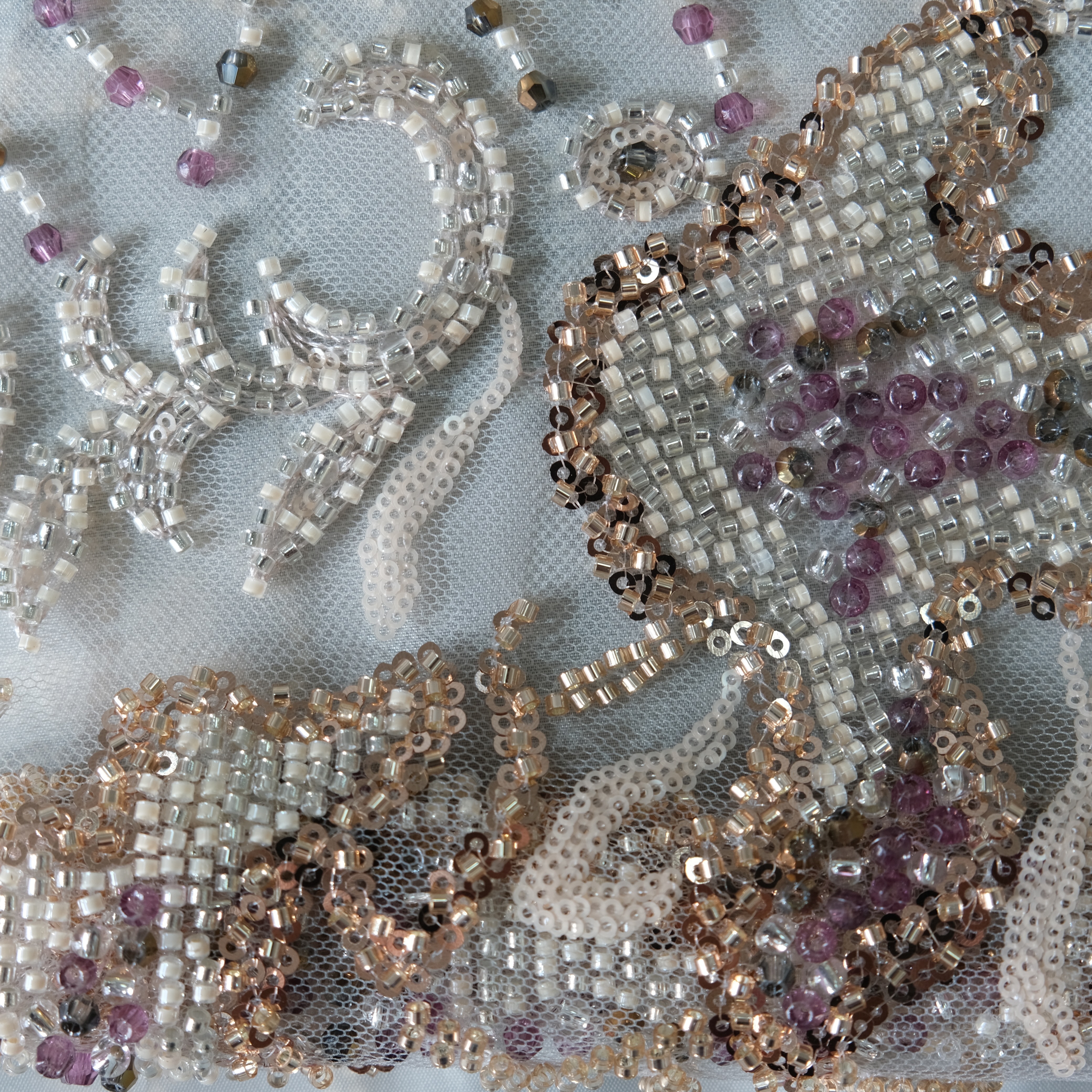 Flame Motif Beaded Embroidery Fabric in Purple color