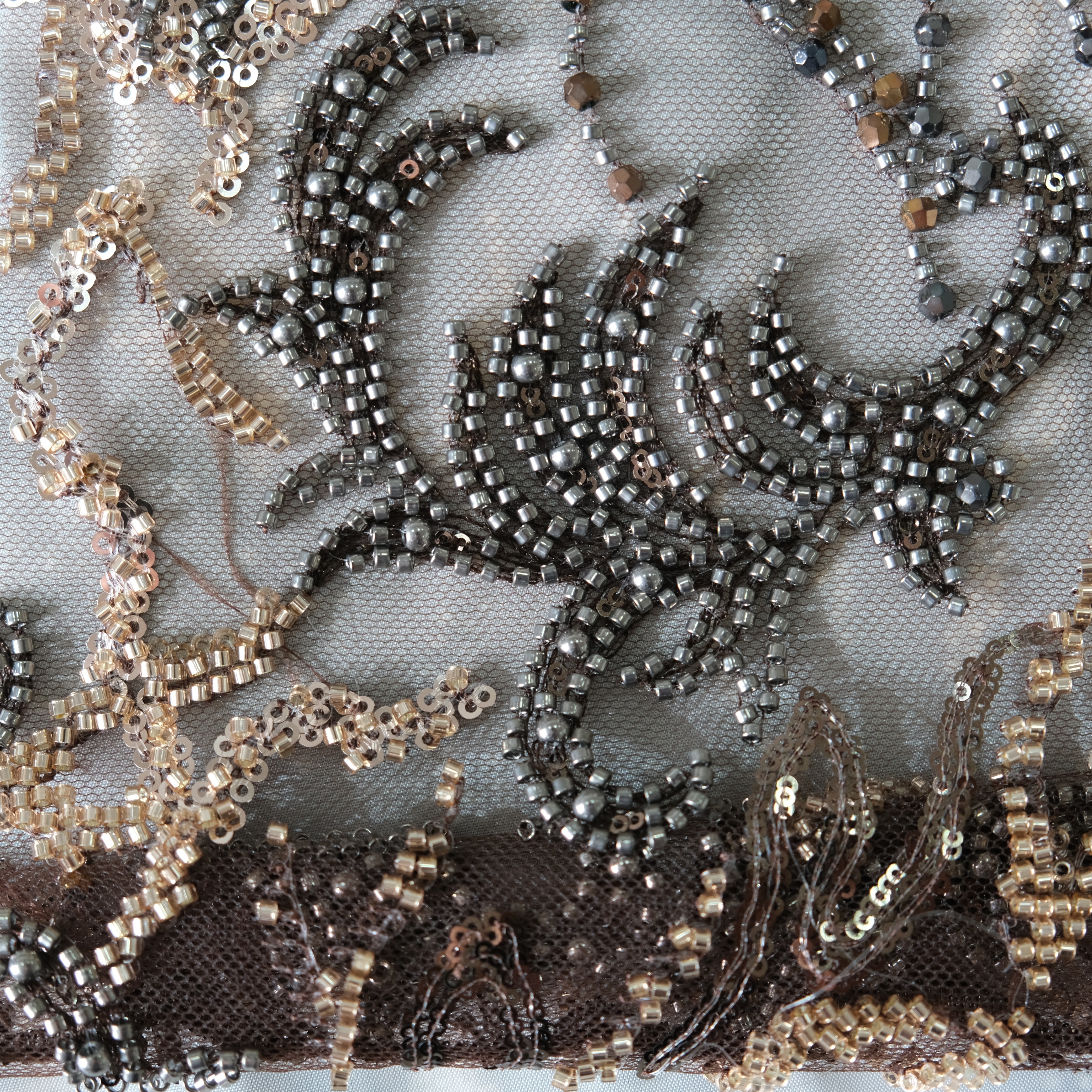 Flame Motif Beaded Embroidery Fabric in Brown color