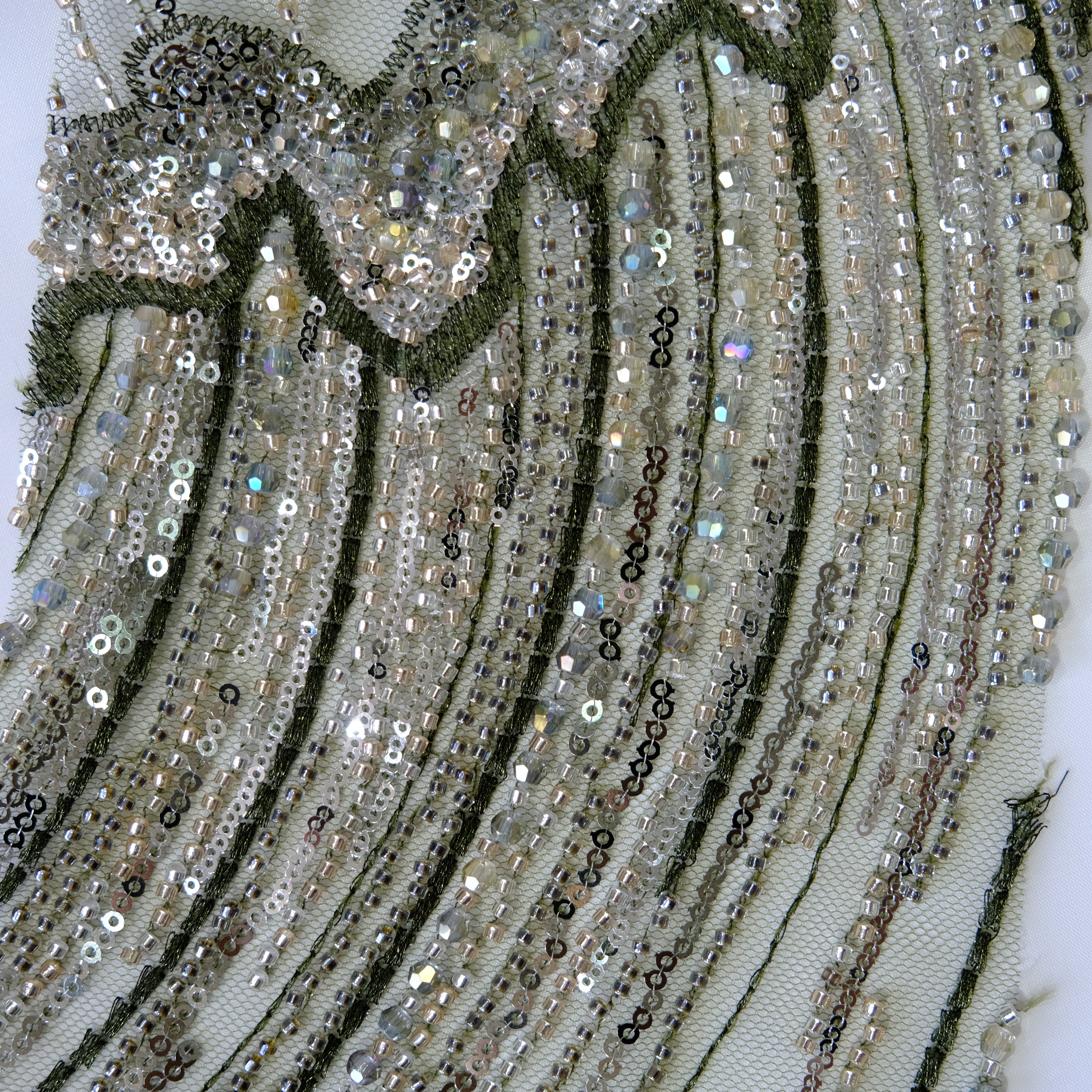 Phoenix Feather Beaded Embroidery Fabric in DeepGreen color