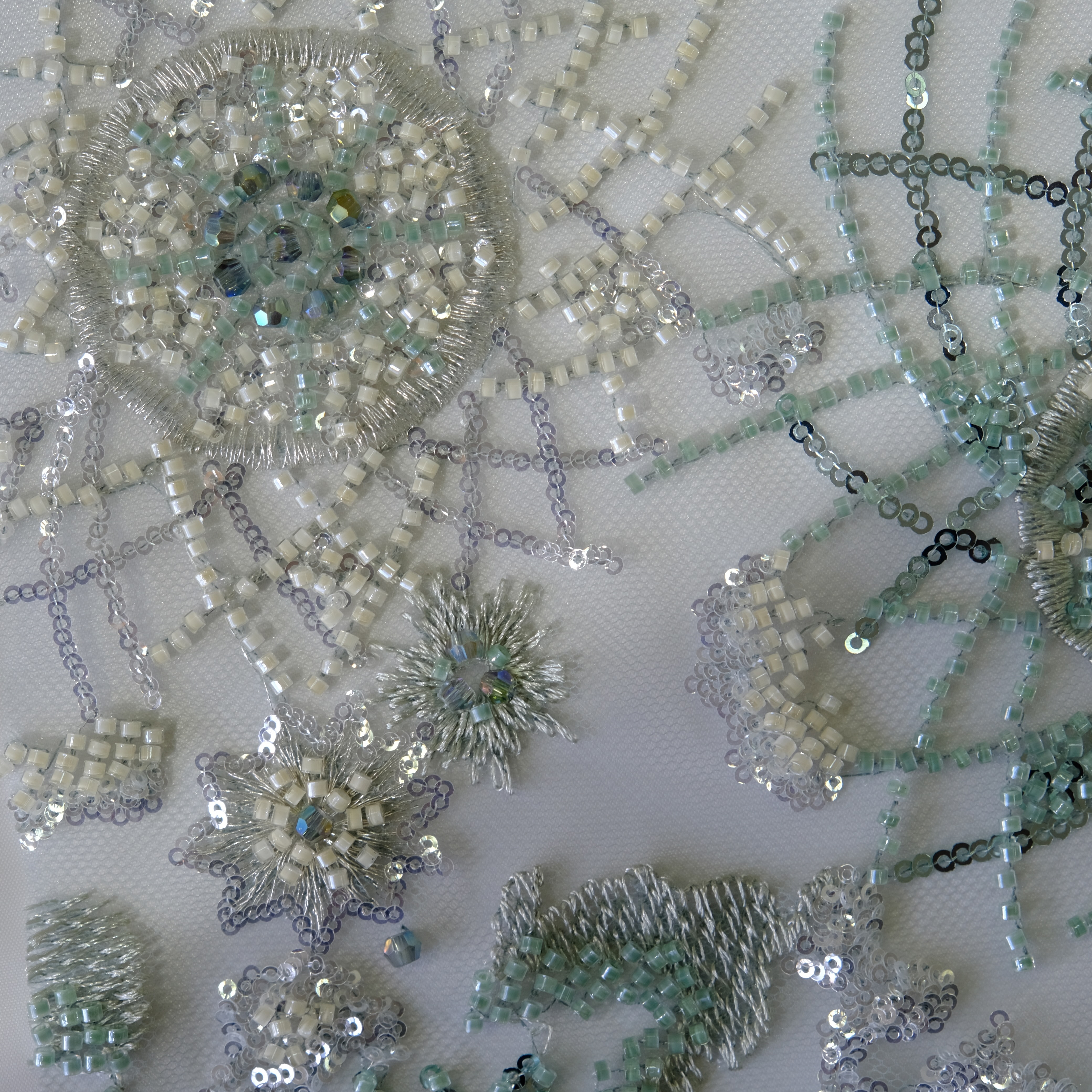 Spiderweb Floral Beaded Embroidery Fabric in MintGreen color