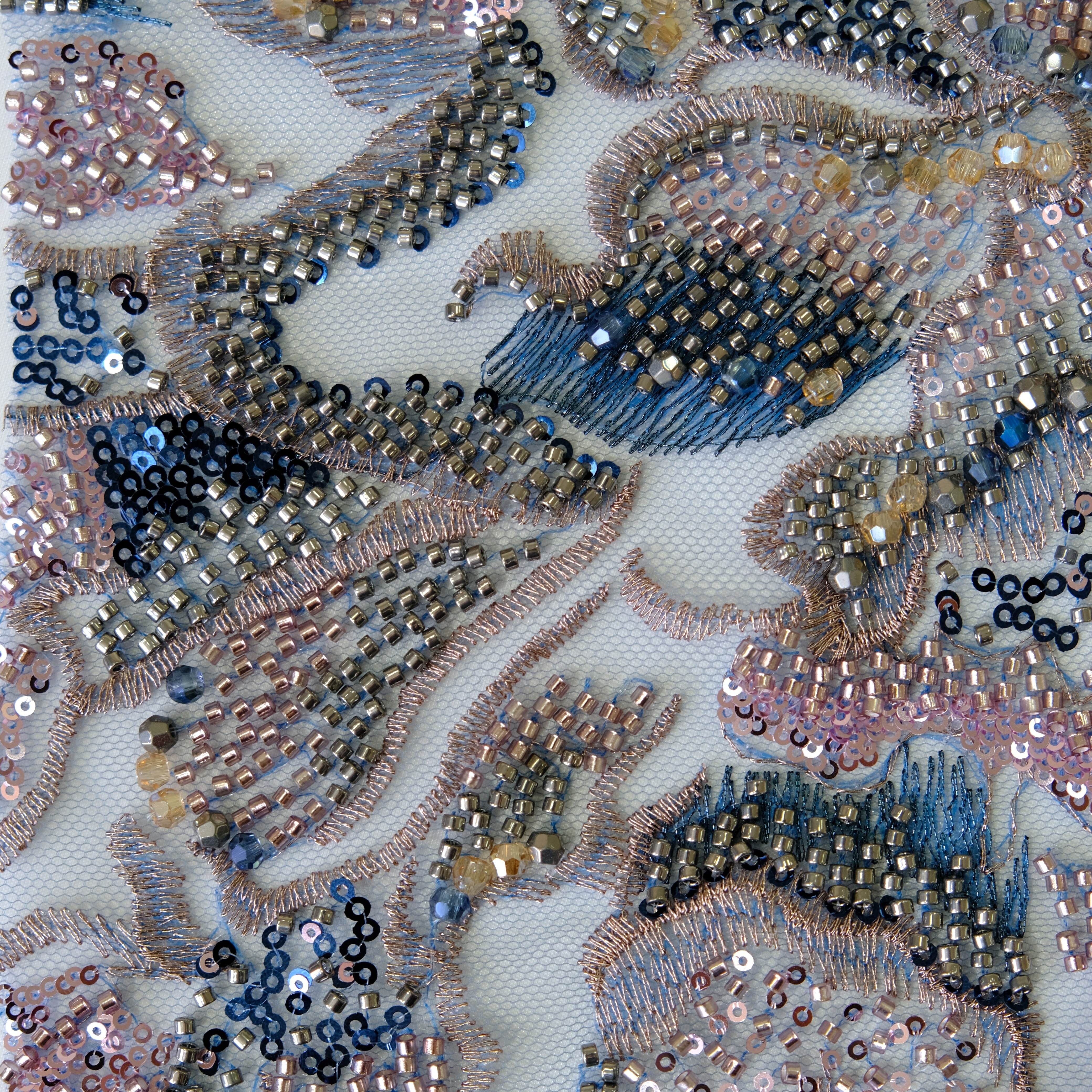 Wild Iris Beaded Embroidery Fabric in NavyPink color