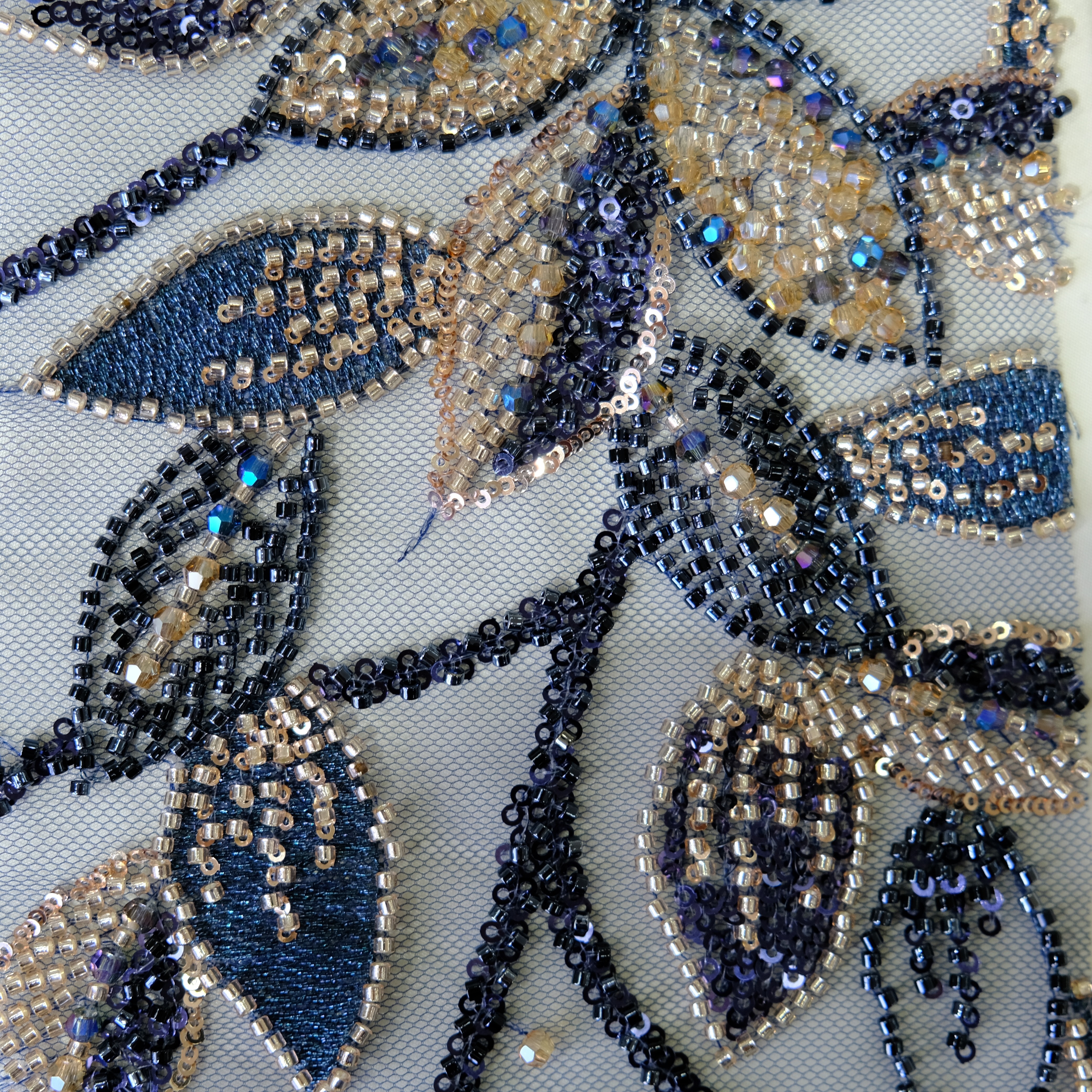 Floral Vine Beaded Embroidery Fabric in Navy color