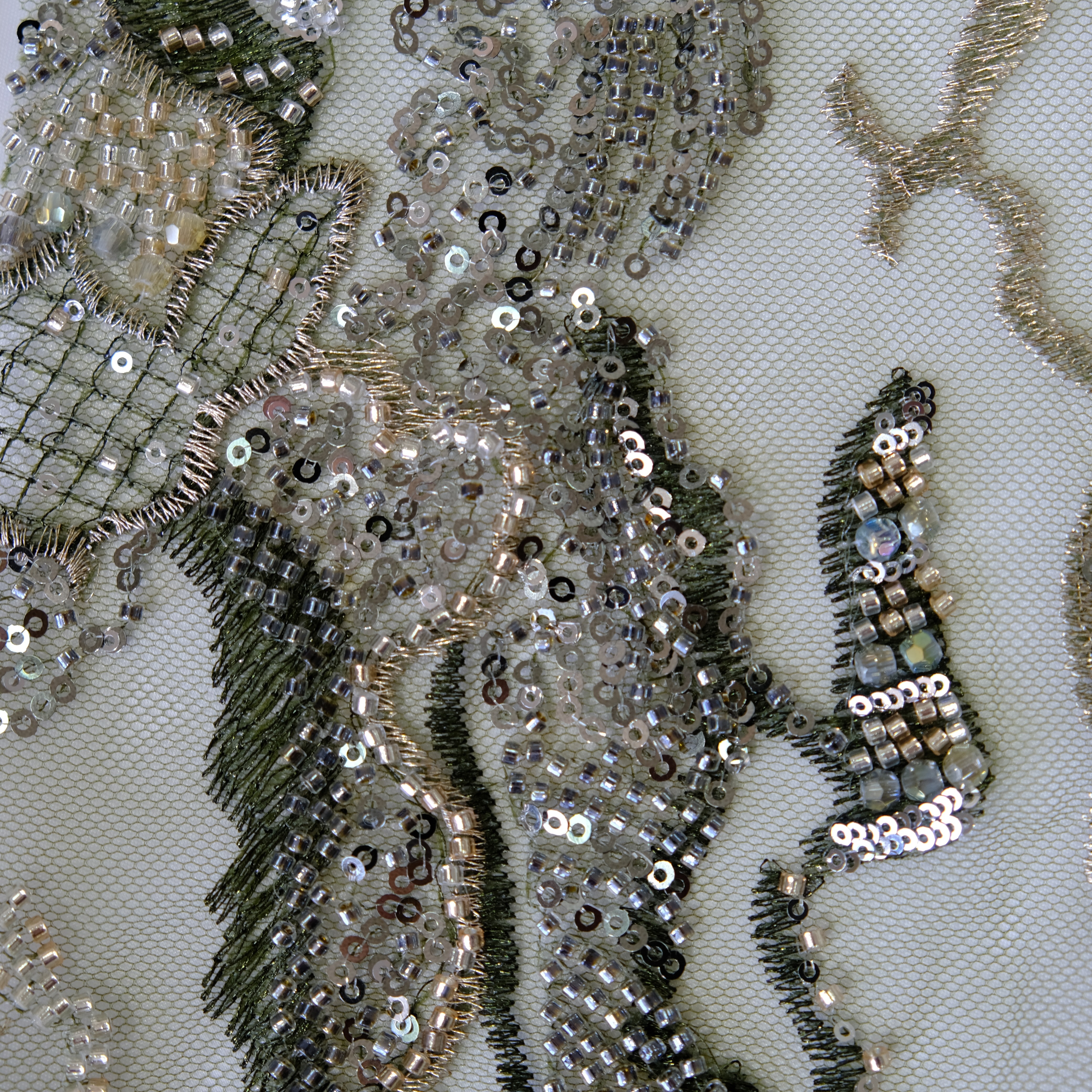 Wild Iris Beaded Embroidery Fabric in Green color