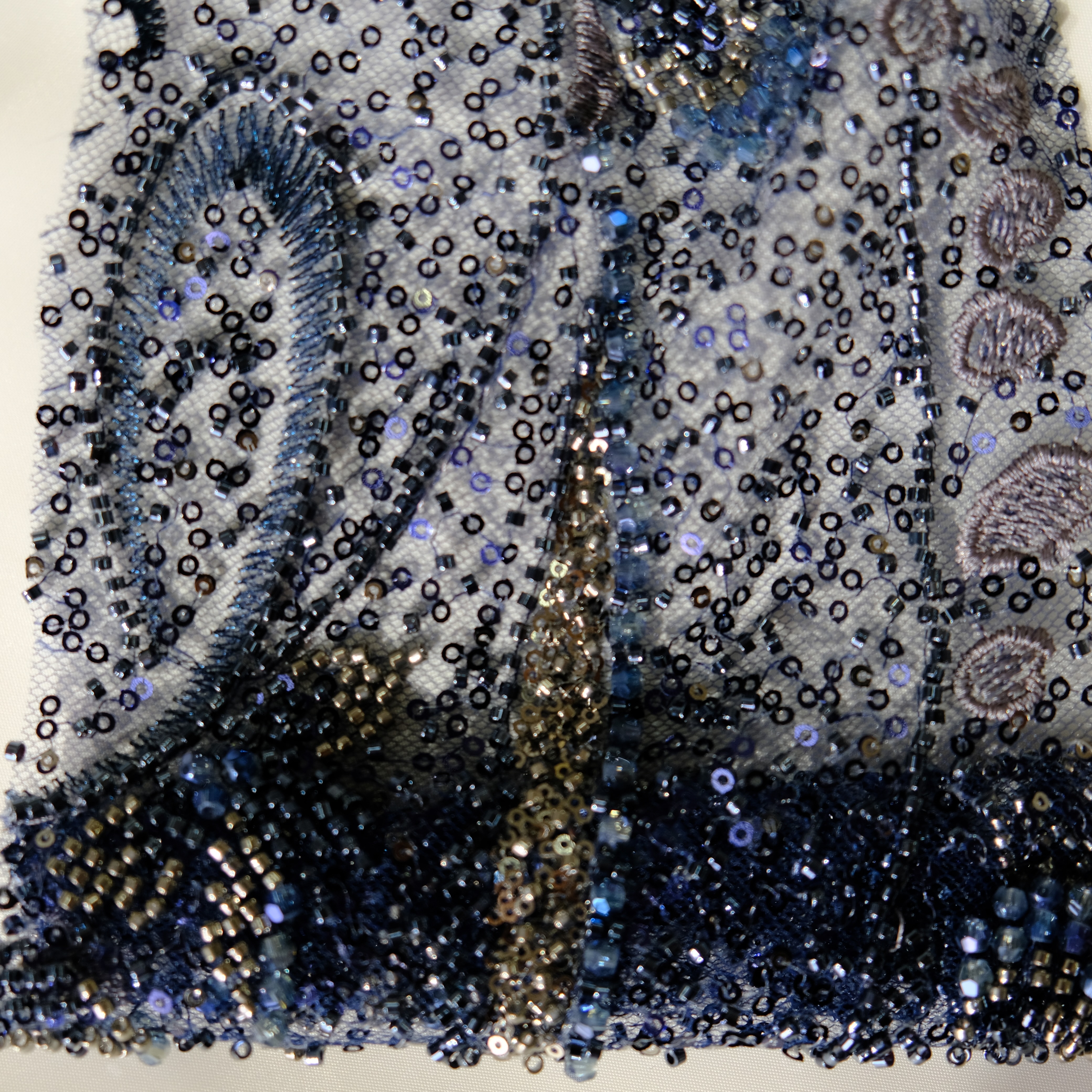 Paisley Beaded Sequin Embroidery Fabric in Navy color