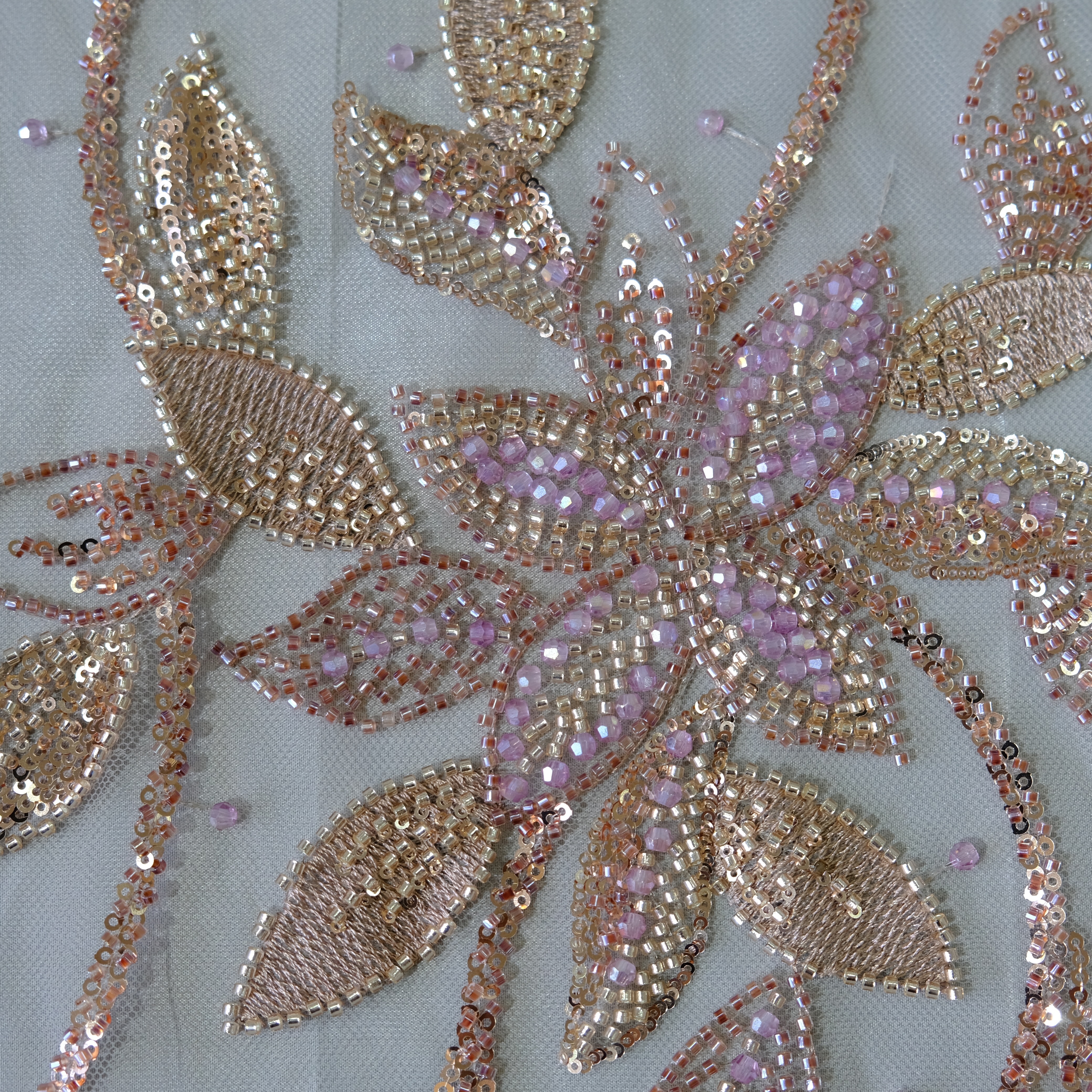 Floral Vine Beaded Embroidery Fabric in Pink color