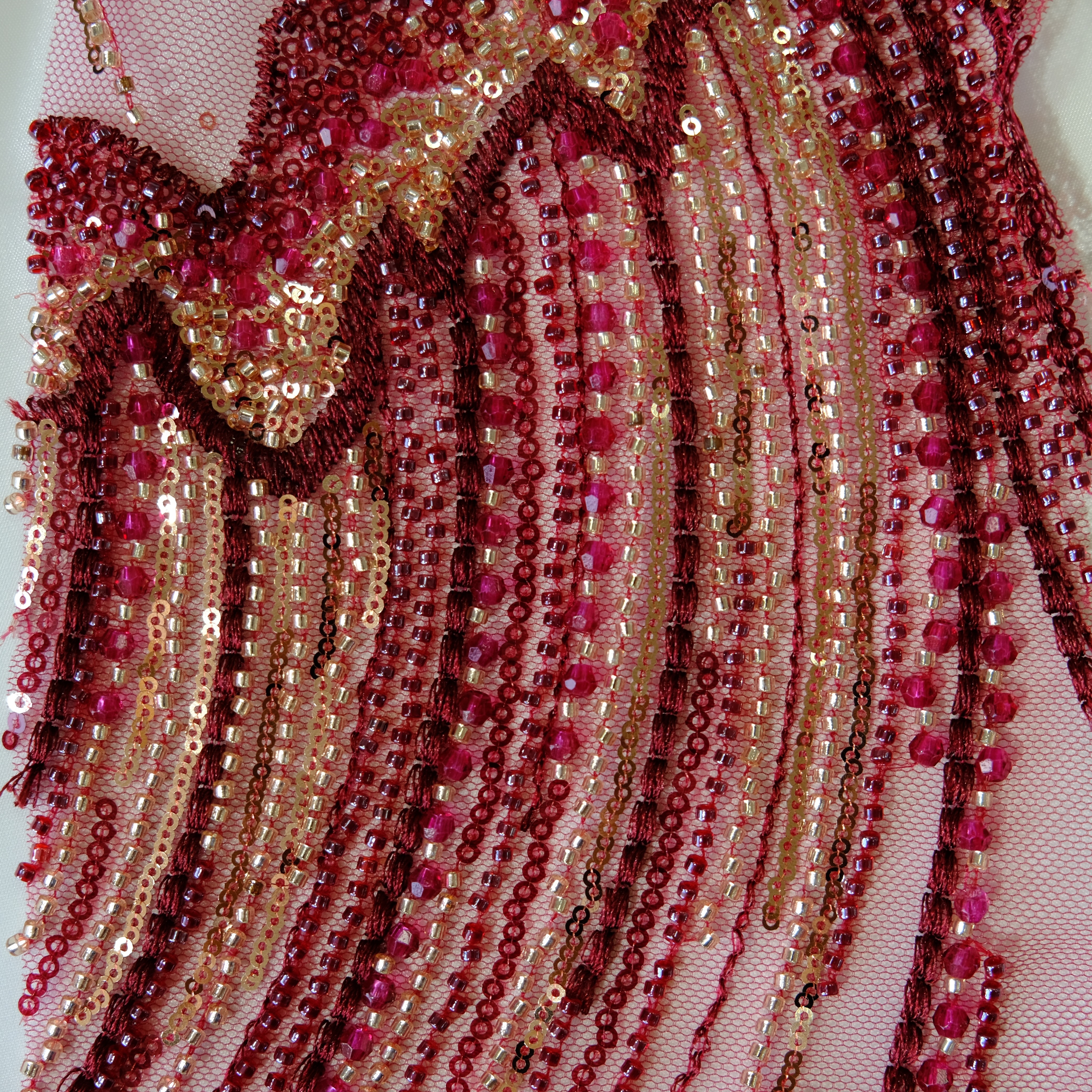 Phoenix Feather Beaded Embroidery Fabric in Red color