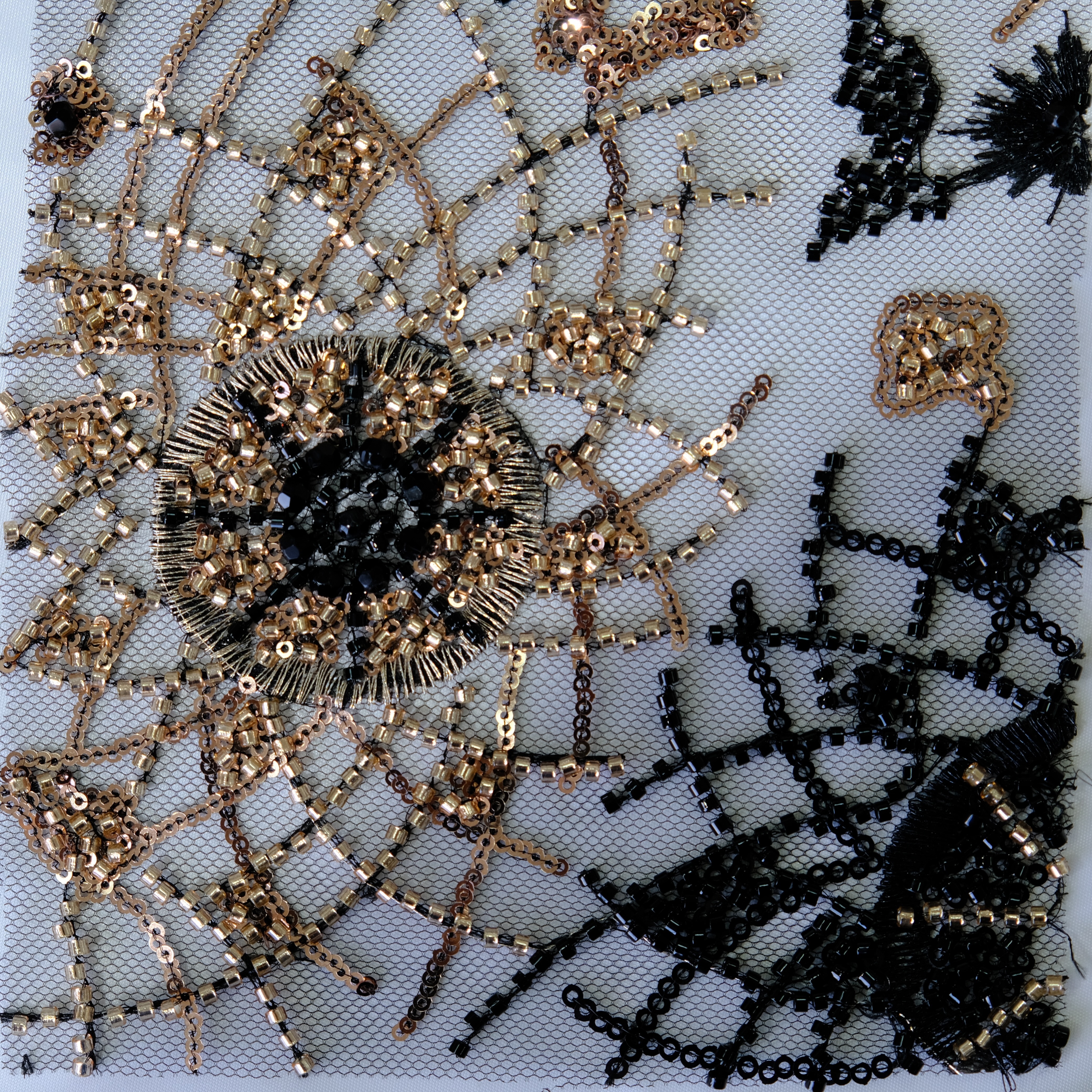 Spiderweb Floral Beaded Embroidery Fabric in Black color