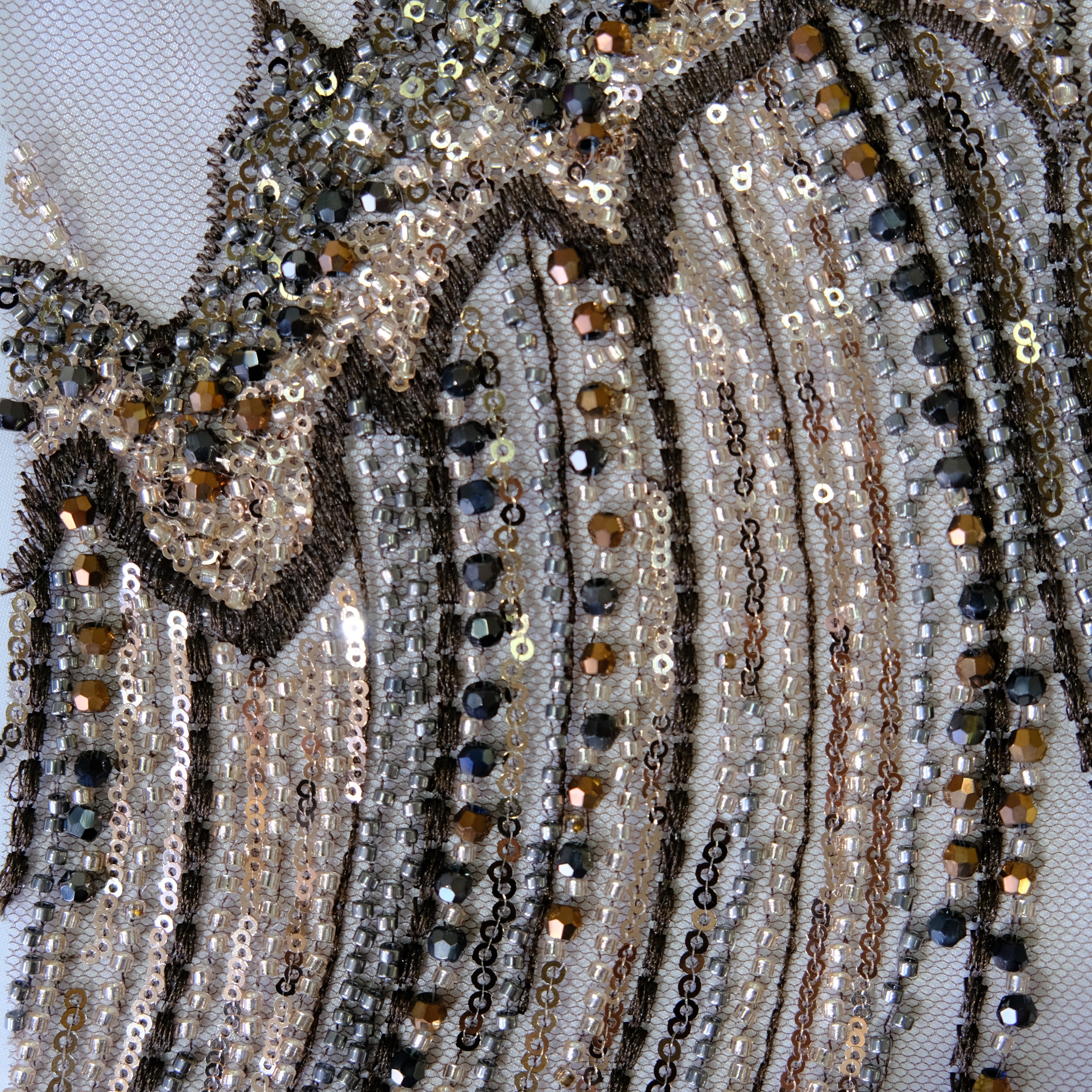 Phoenix Feather Beaded Embroidery Fabric in Brown color