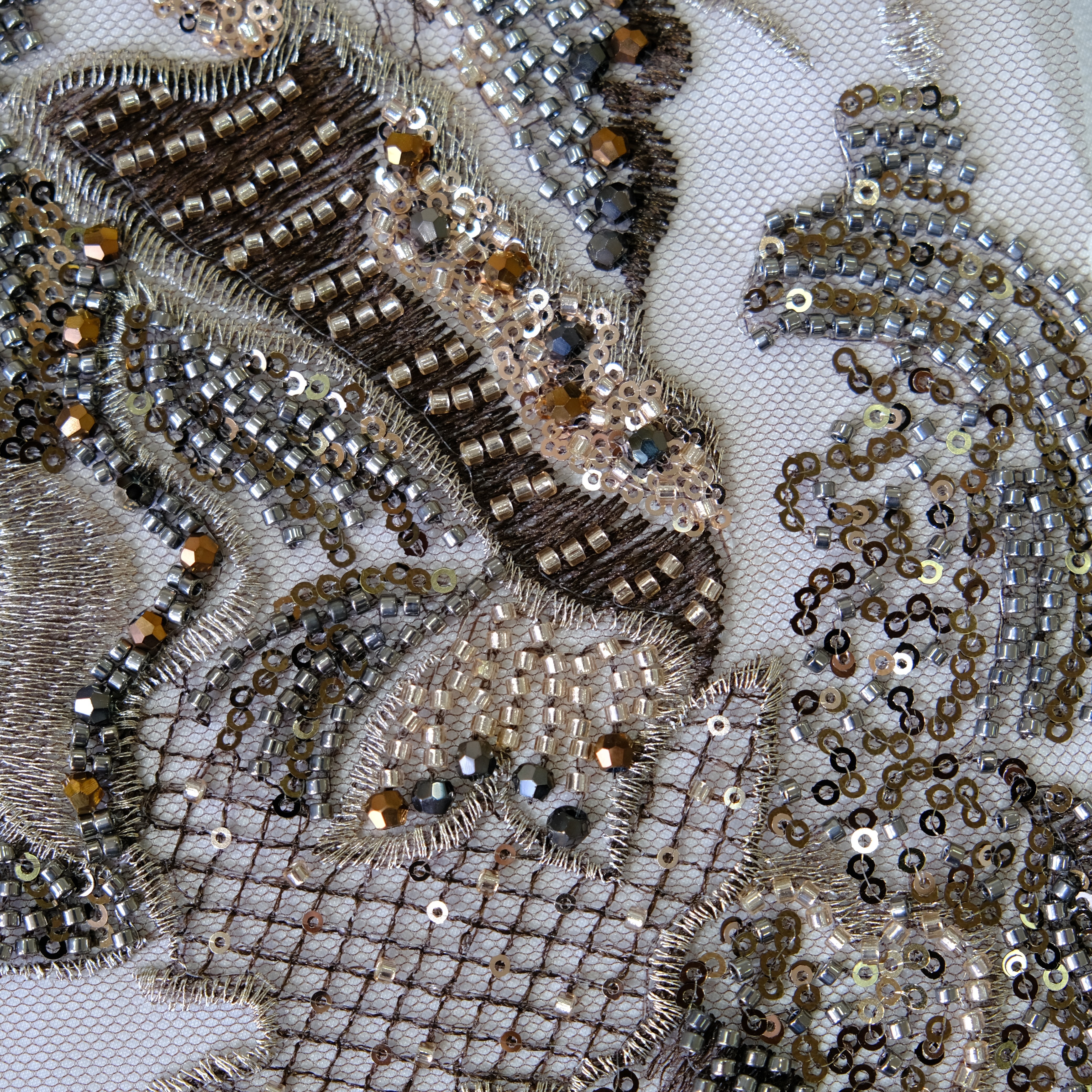 Wild Iris Beaded Embroidery Fabric in Brown color
