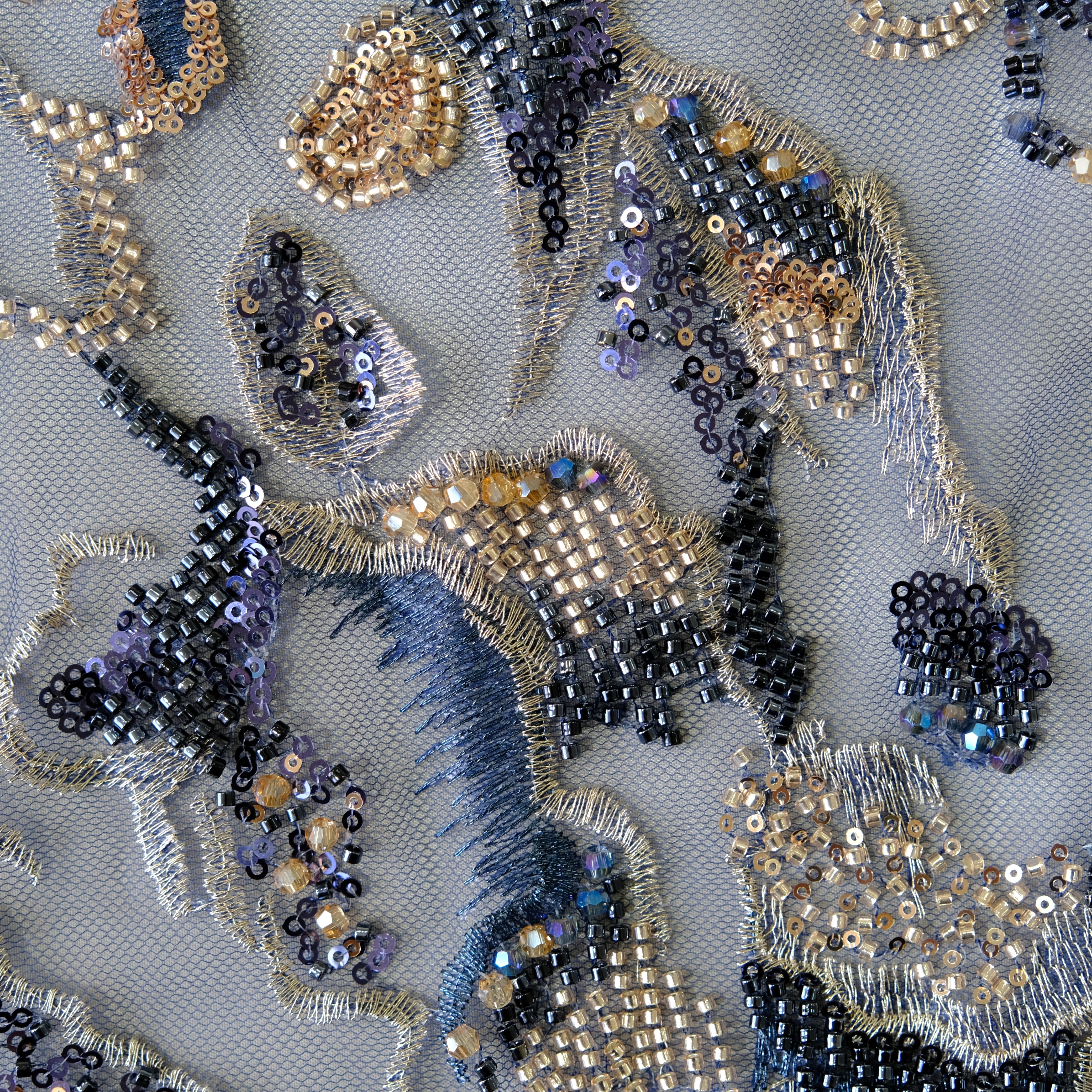 Wild Iris Beaded Embroidery Fabric in NavyGolden color