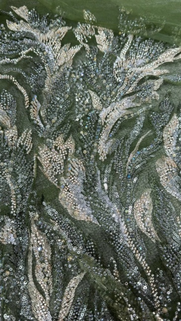 Vertical Fern Frond Beaded Embroidery Fabric
