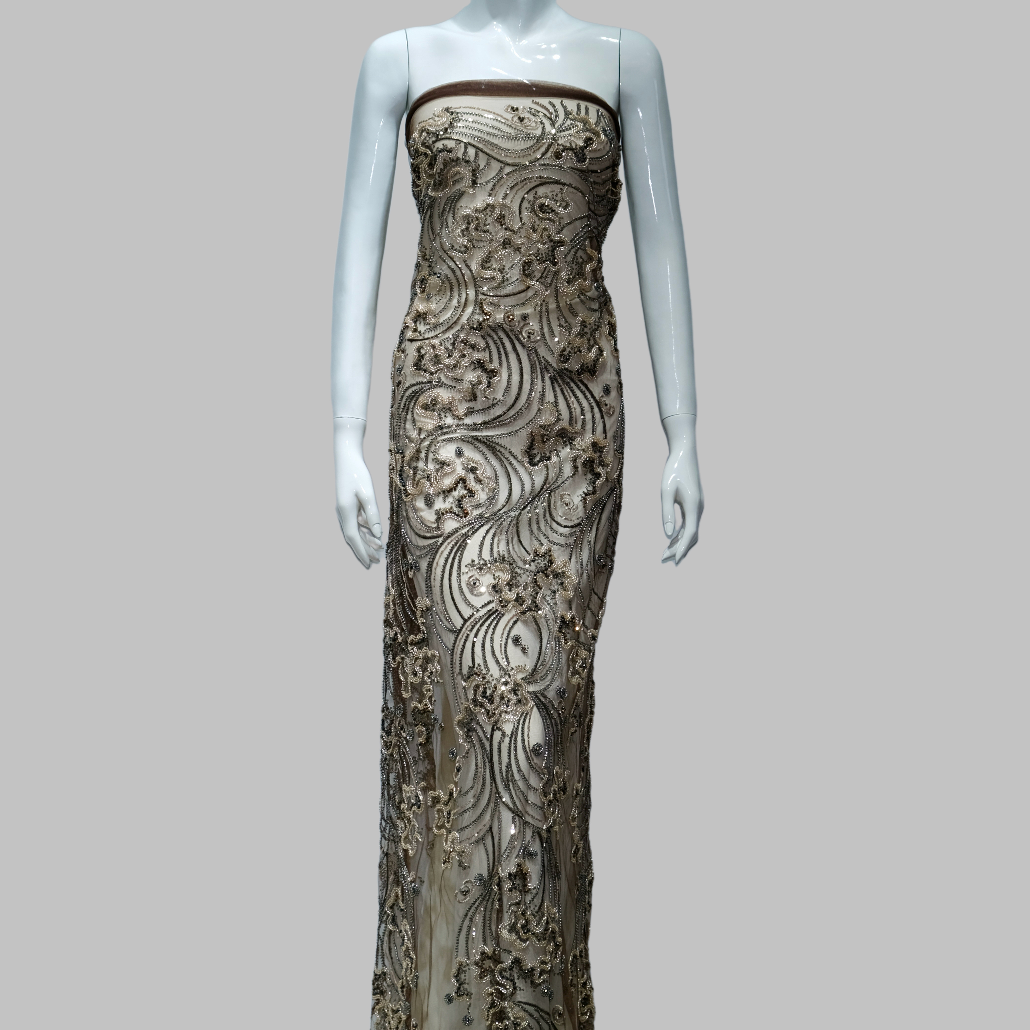 Scroll Wave Floral Beaded Embroidery Fabric for luxury gown design