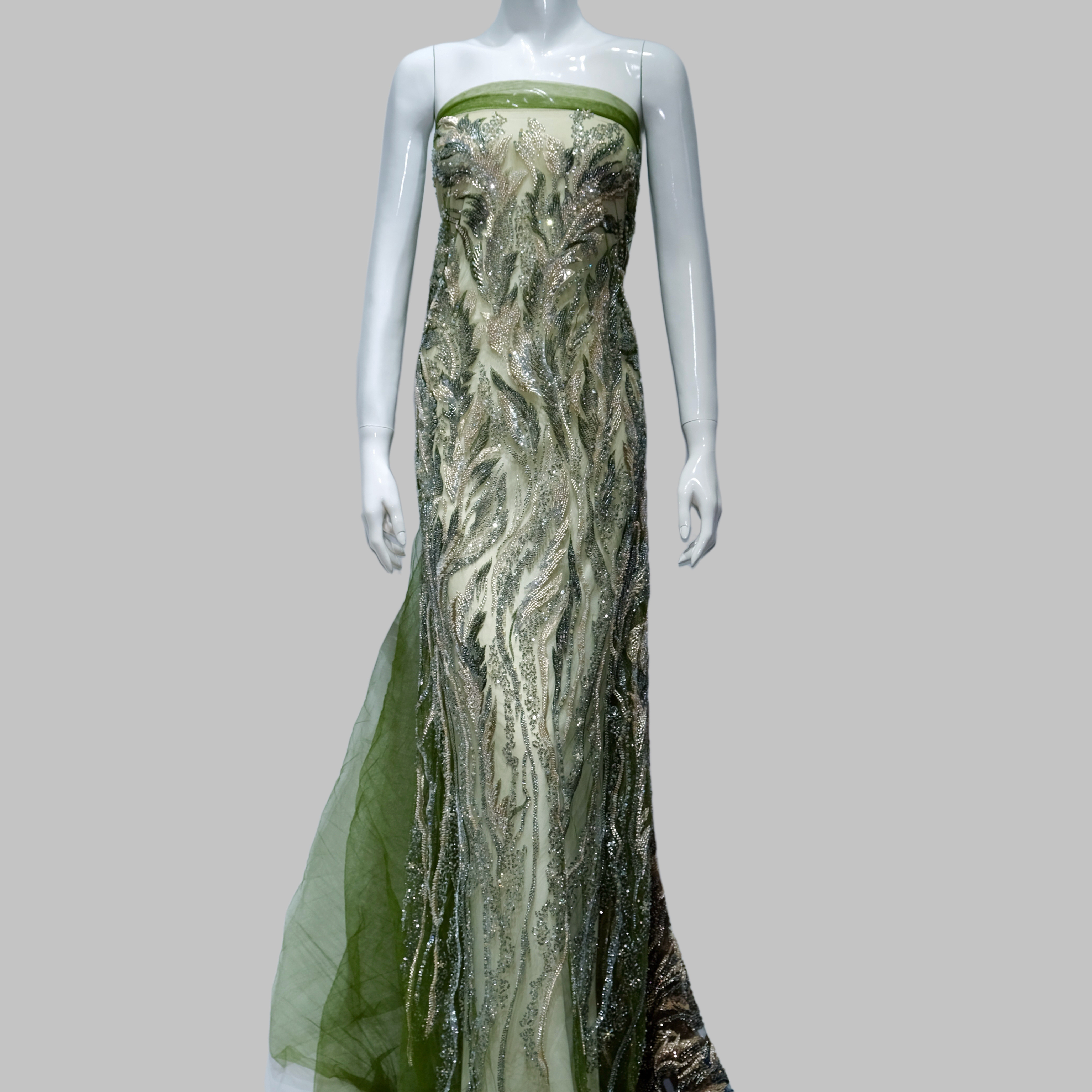 Vertical Fern Frond Beaded Embroidery Fabric for luxury gown design