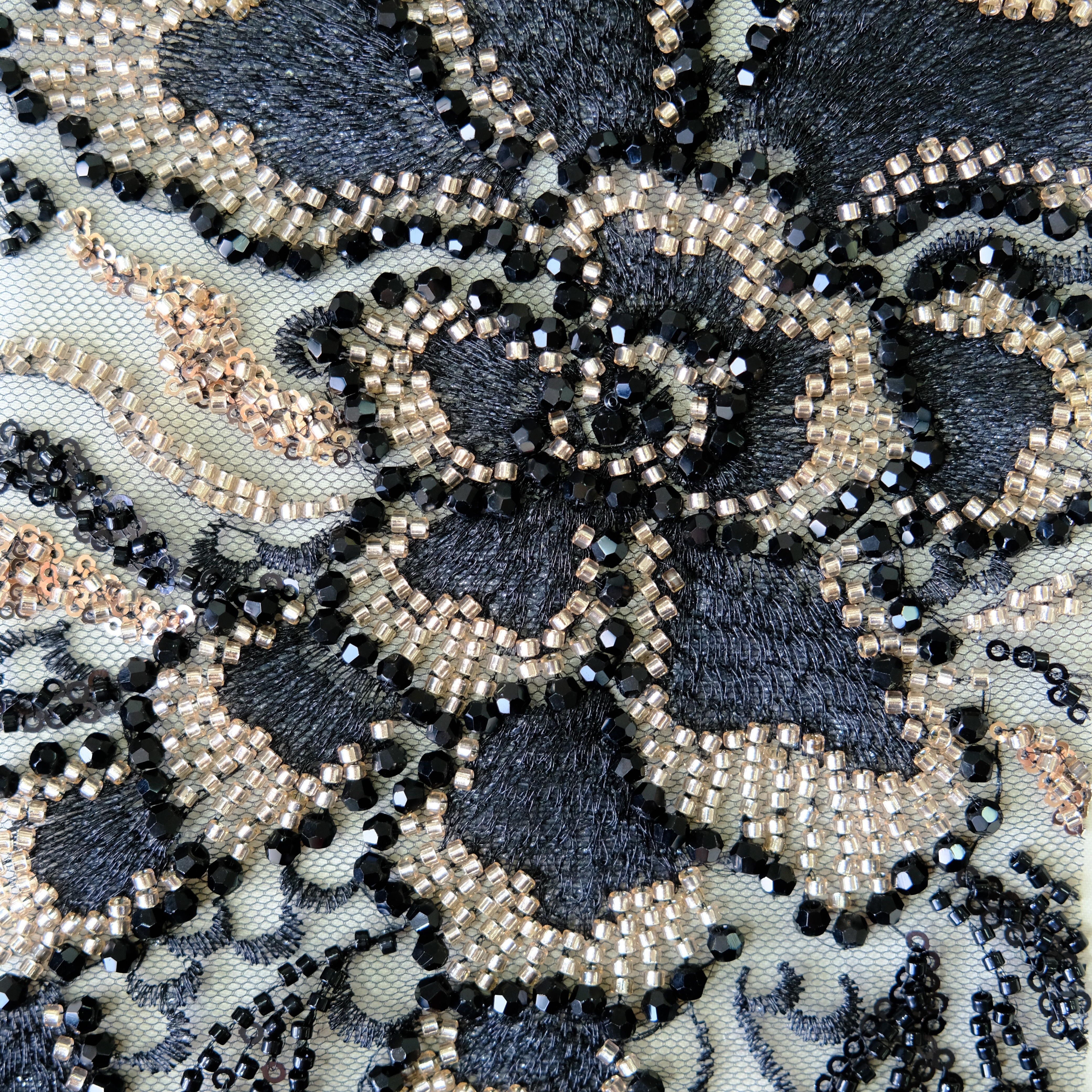 Willow Floral Beaded Embroidery Fabric in BlackGolden color
