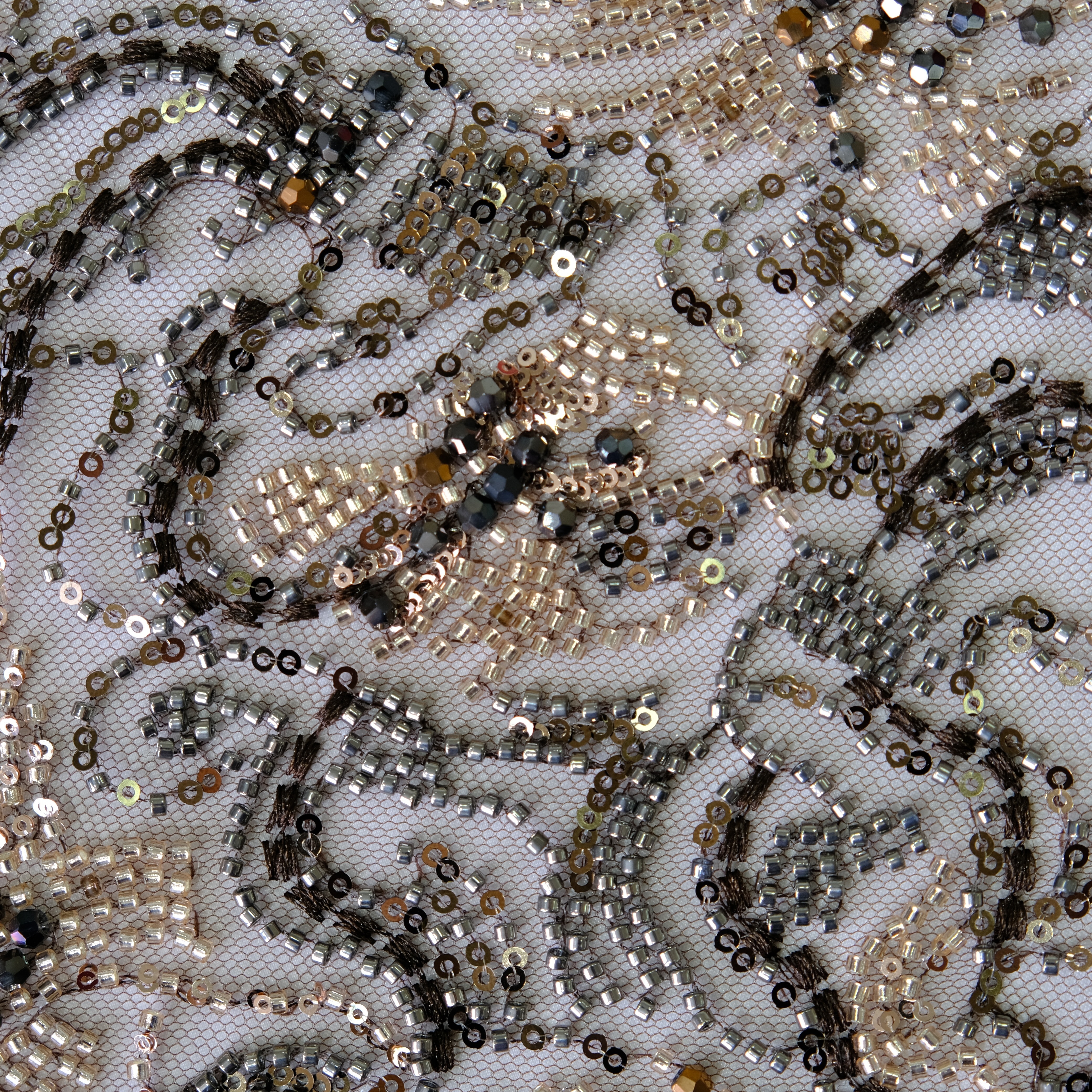 Curly Fern Beaded Embroidery Fabric in Brown color