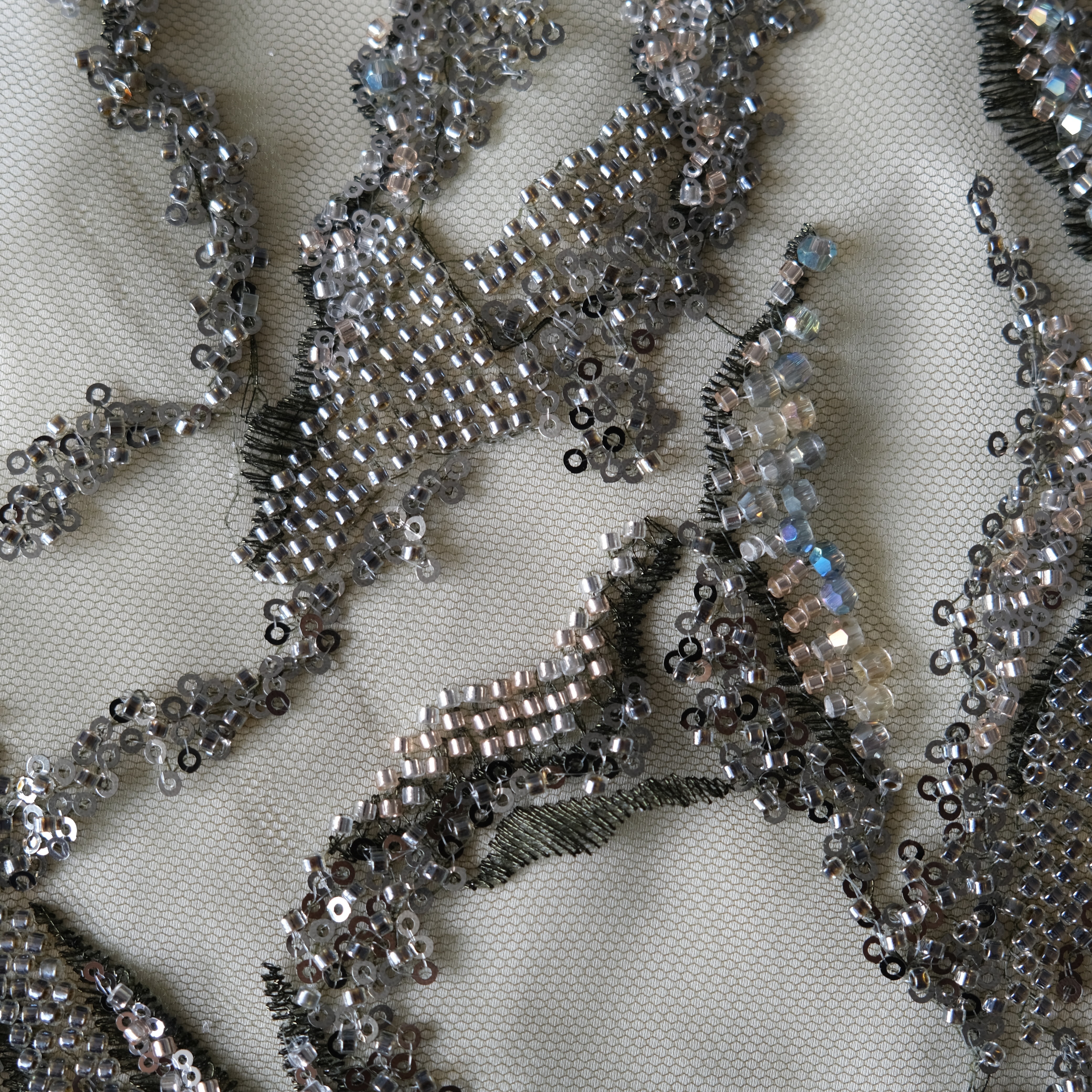 Abstract Reef Beaded Embroidery Fabric in Gray color