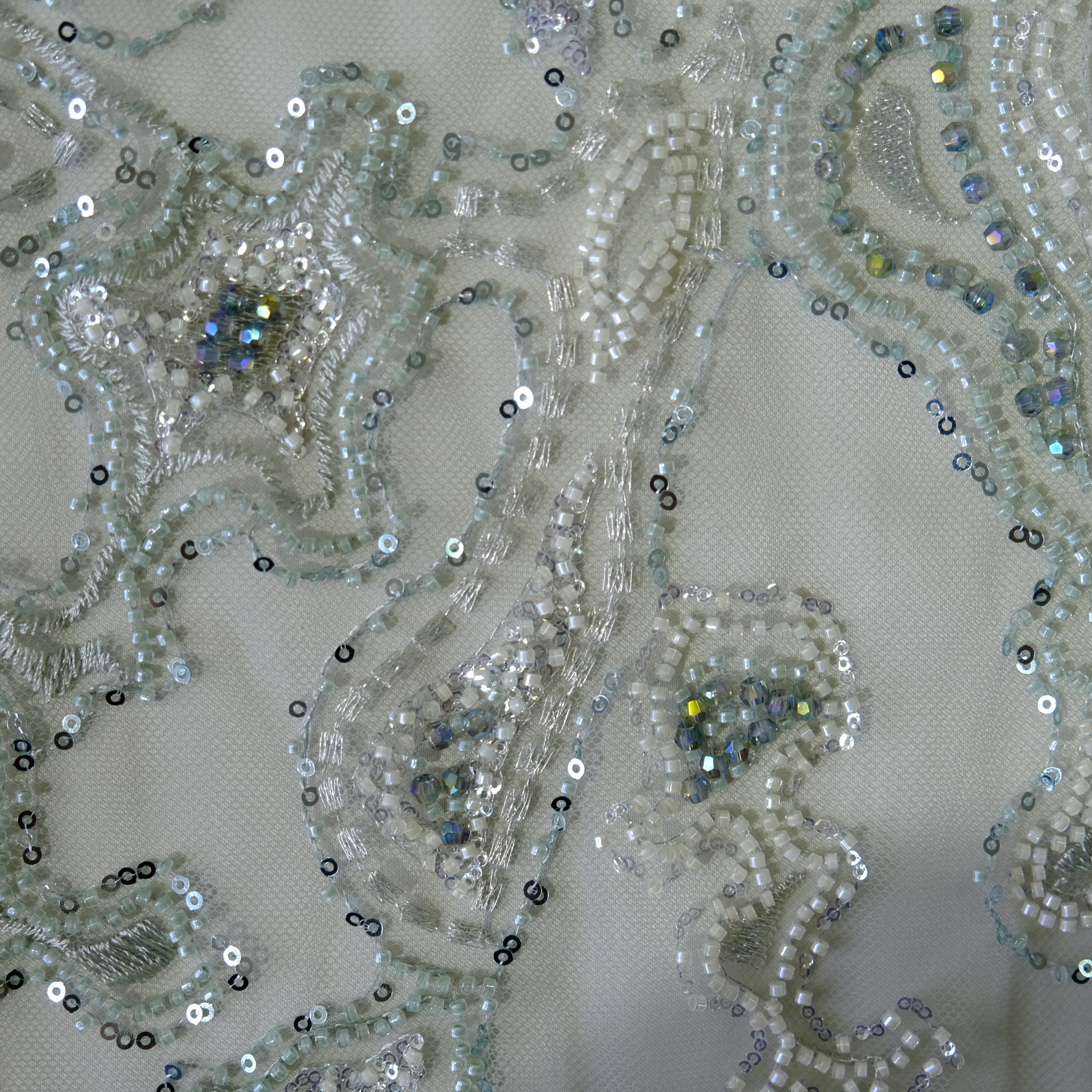 Abstract Maze Beaded Embroidery Fabric in MintGreen color