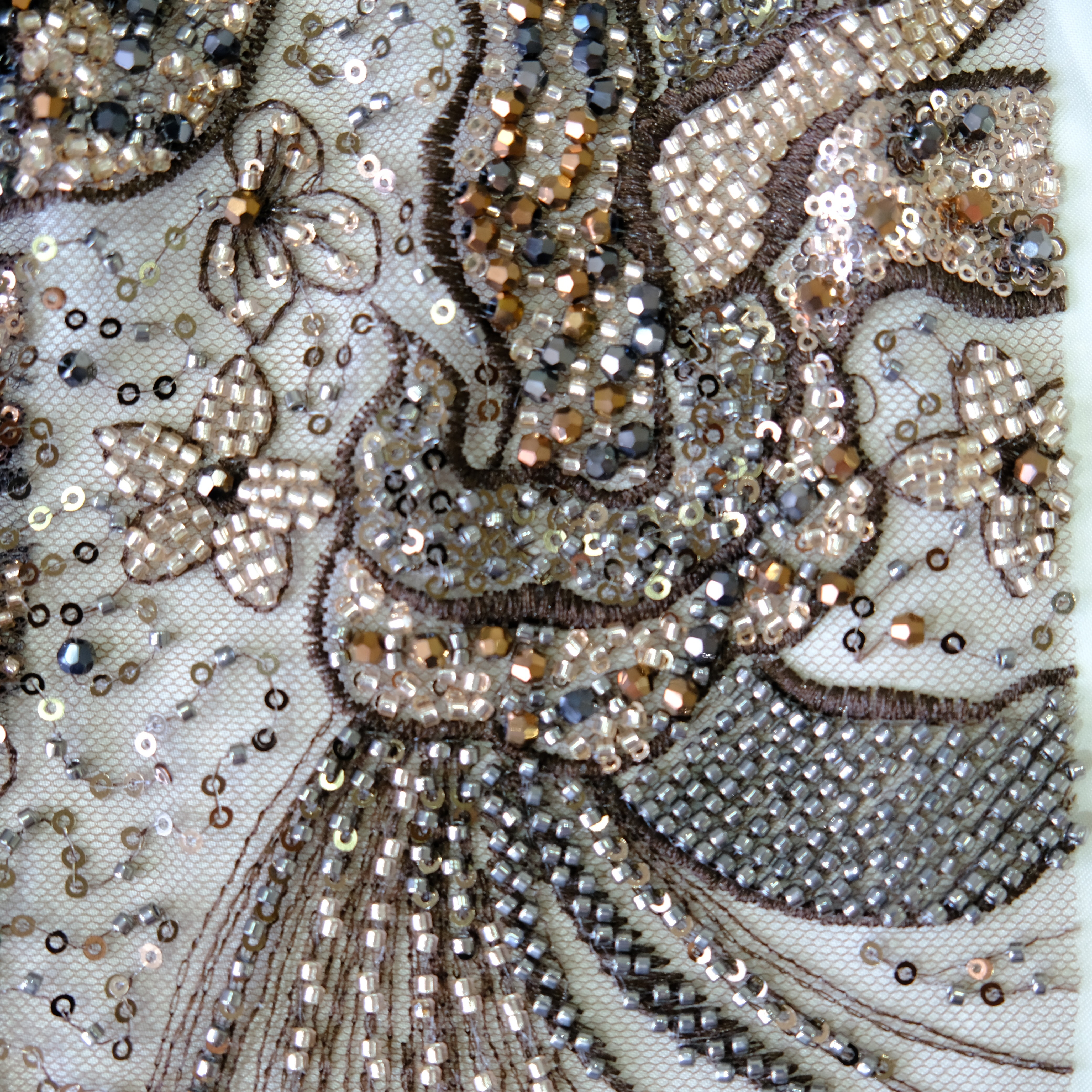 Phoenix Bloom Beaded Embroidery Fabric in Brown color