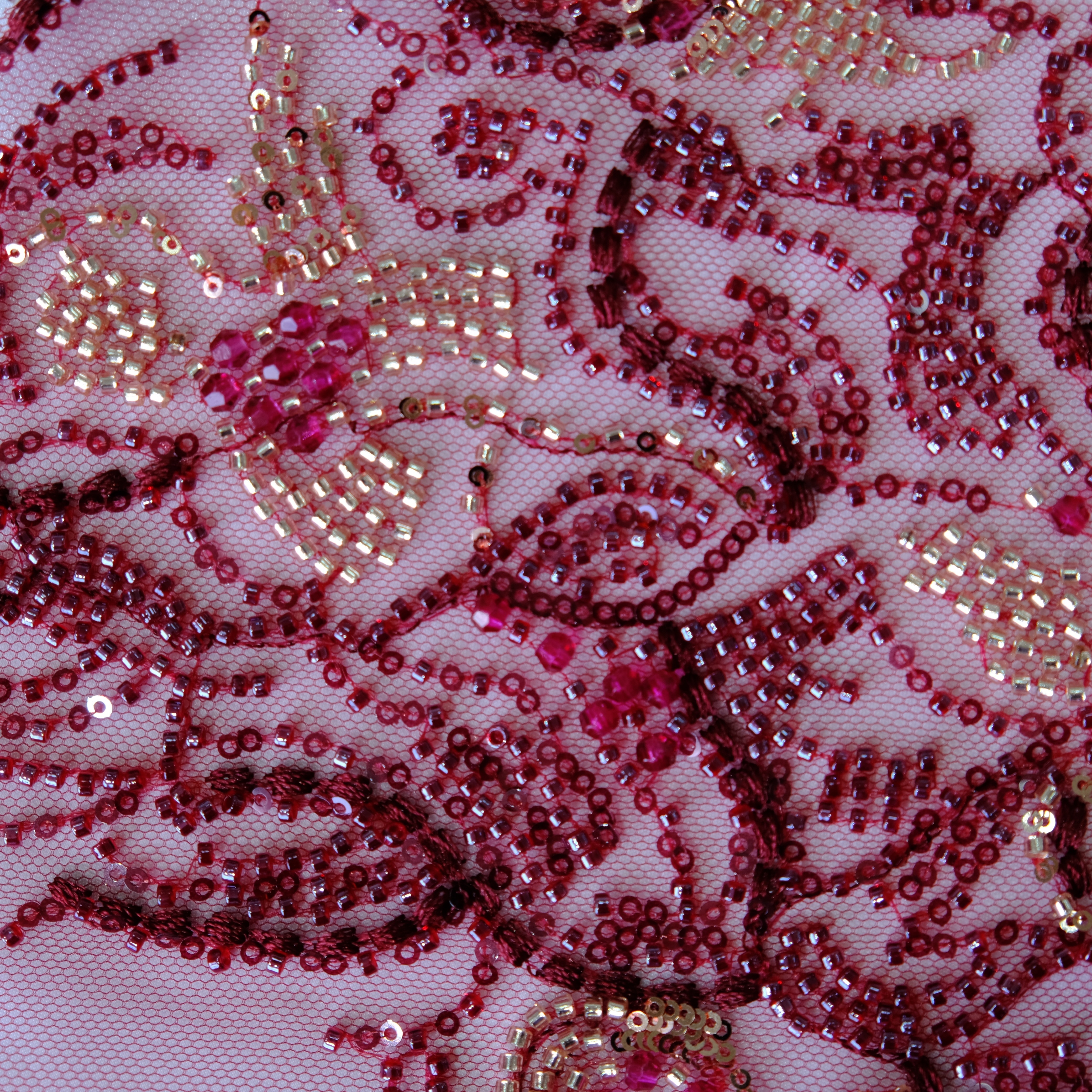 Curly Fern Beaded Embroidery Fabric in Red color