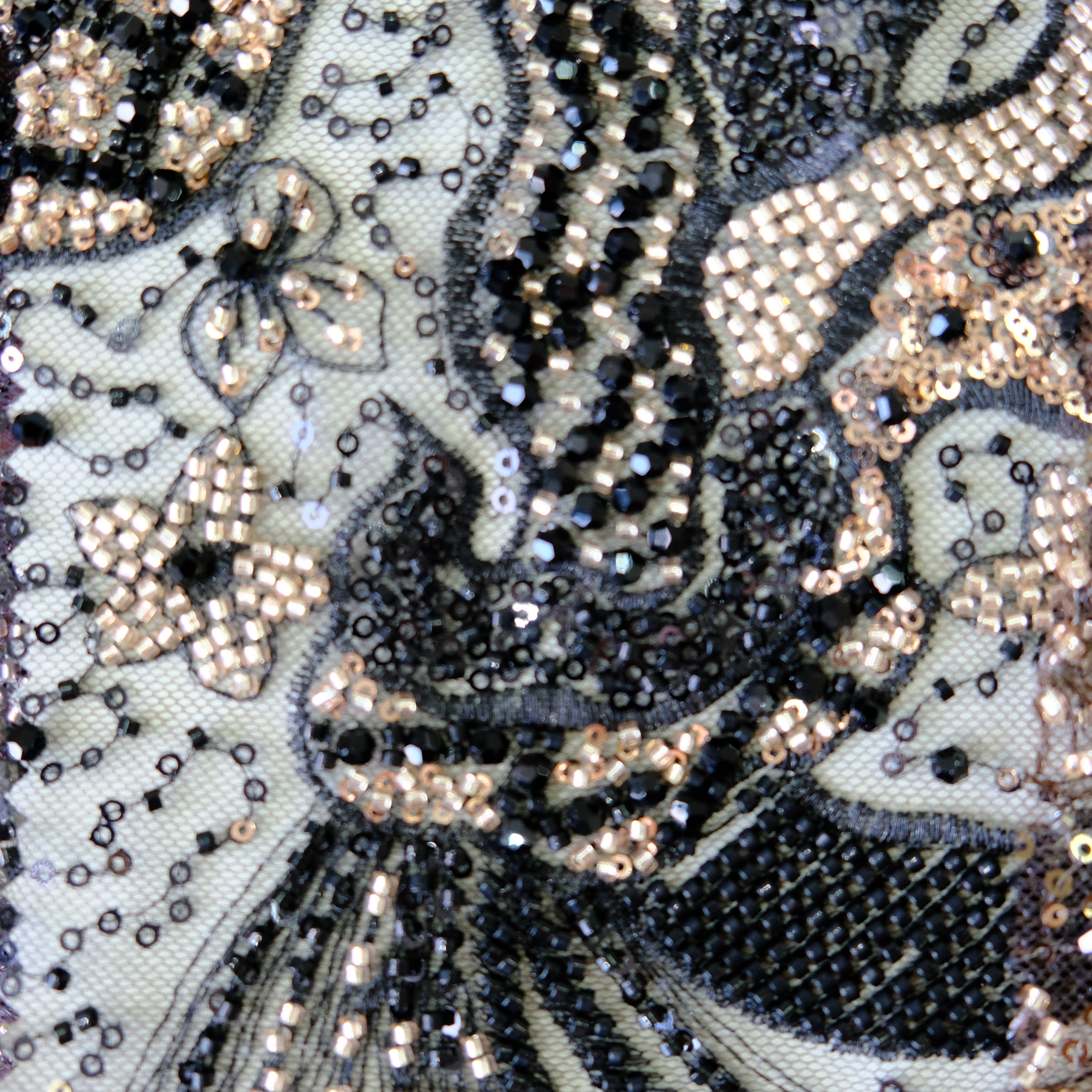 Phoenix Bloom Beaded Embroidery Fabric in BlackGolden color
