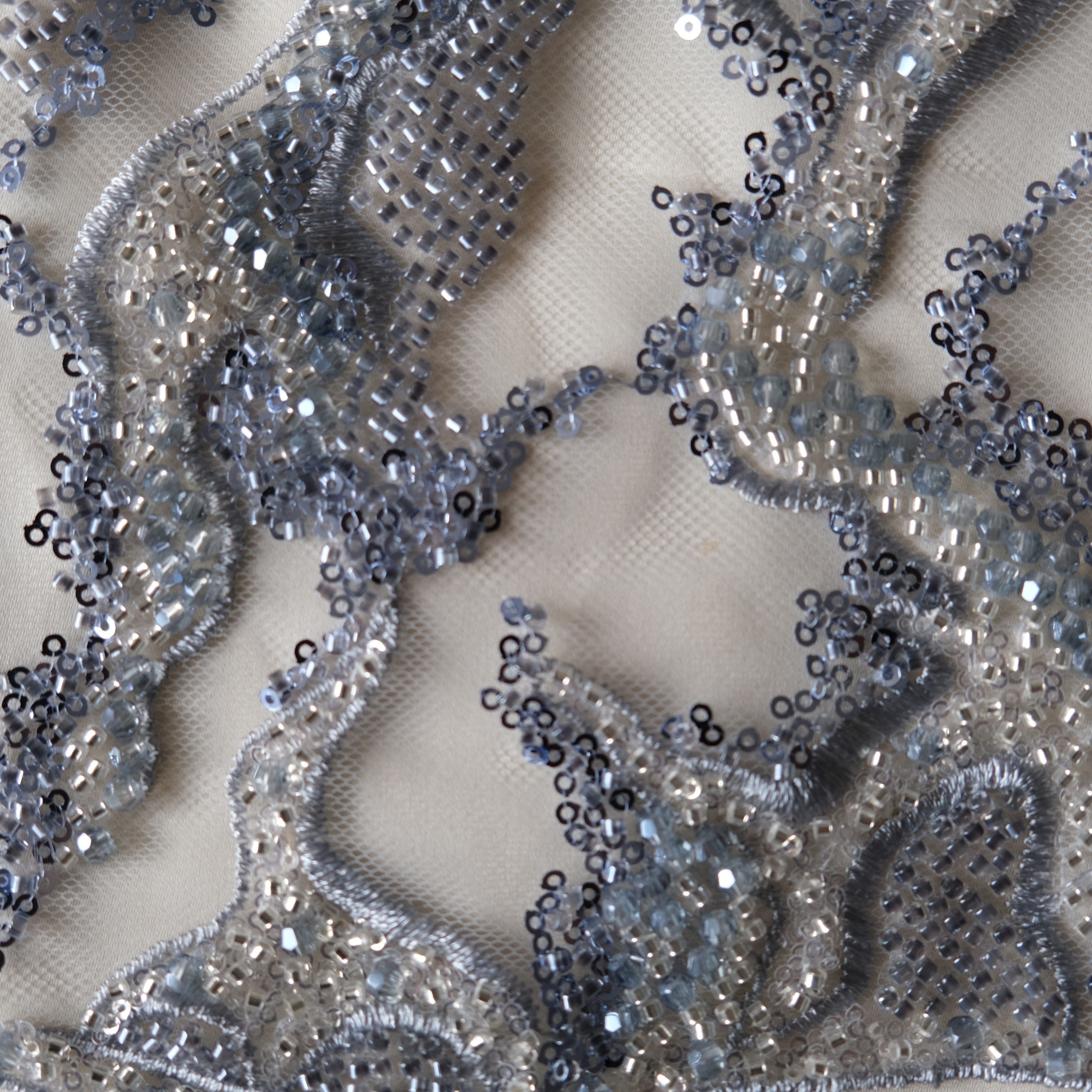 Abstract Reef Beaded Embroidery Fabric in SilverPurple color