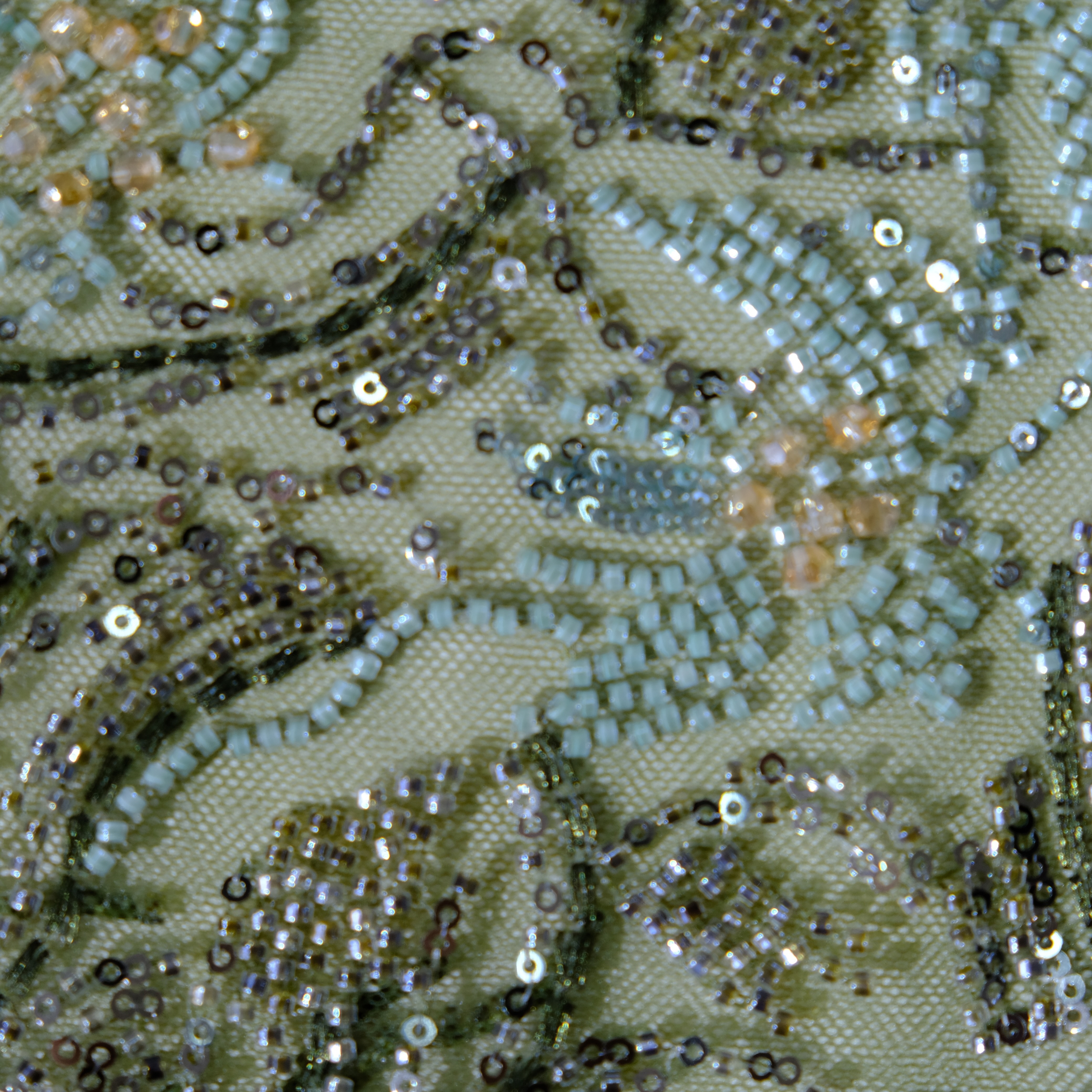 Curly Fern Beaded Embroidery Fabric in ArmyGreen+MIntGreen color