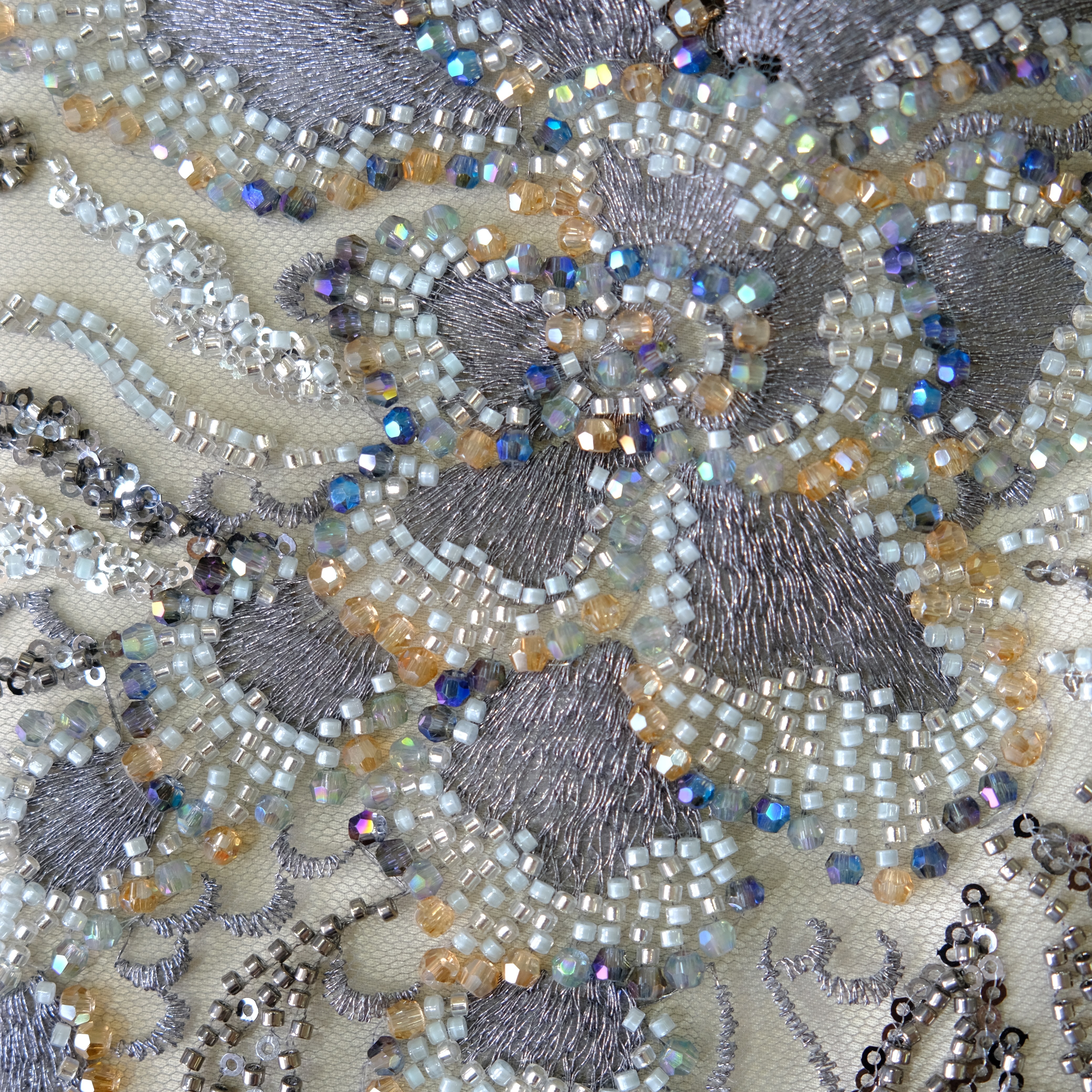 Willow Floral Beaded Embroidery Fabric in Gray color