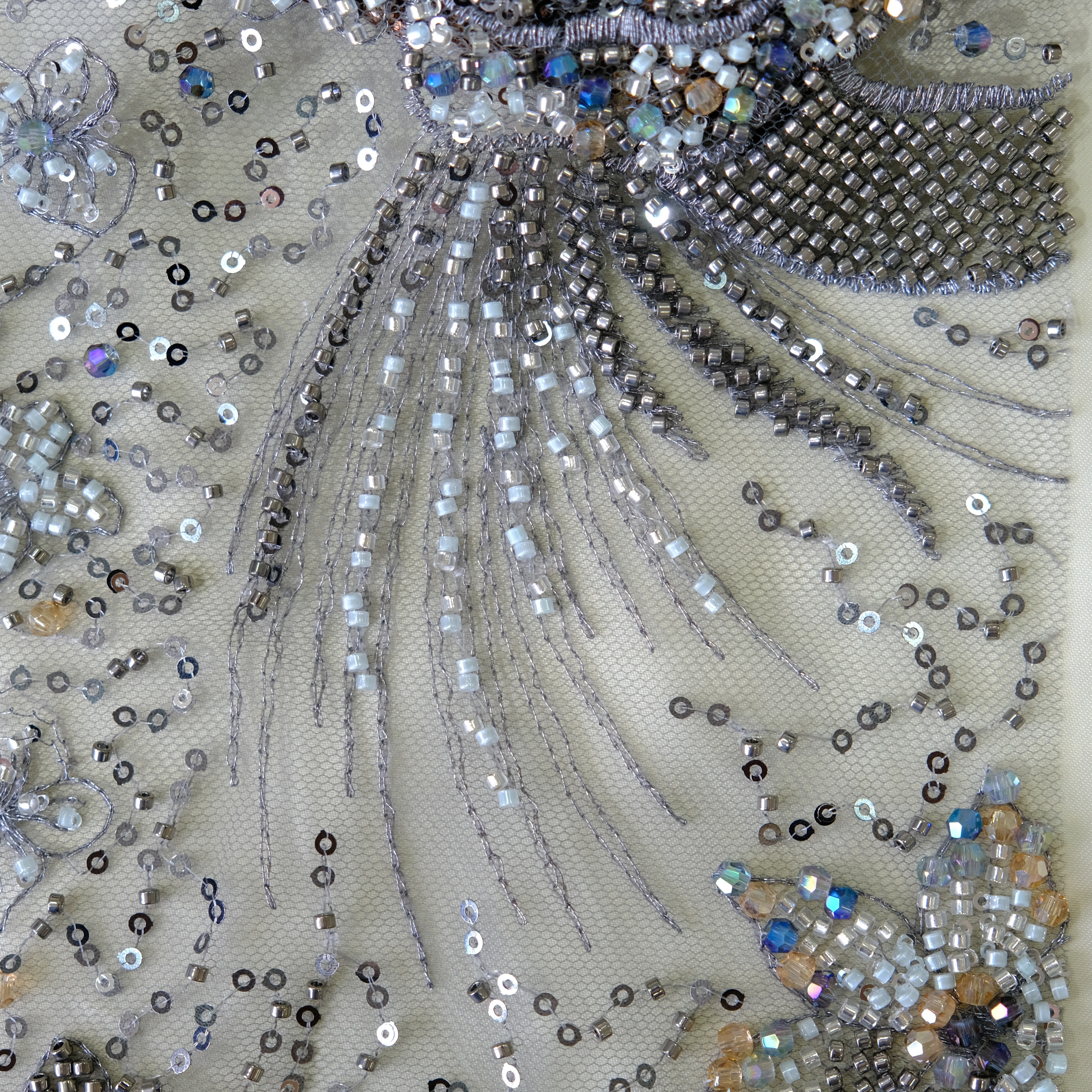 Phoenix Bloom Beaded Embroidery Fabric in Gray color