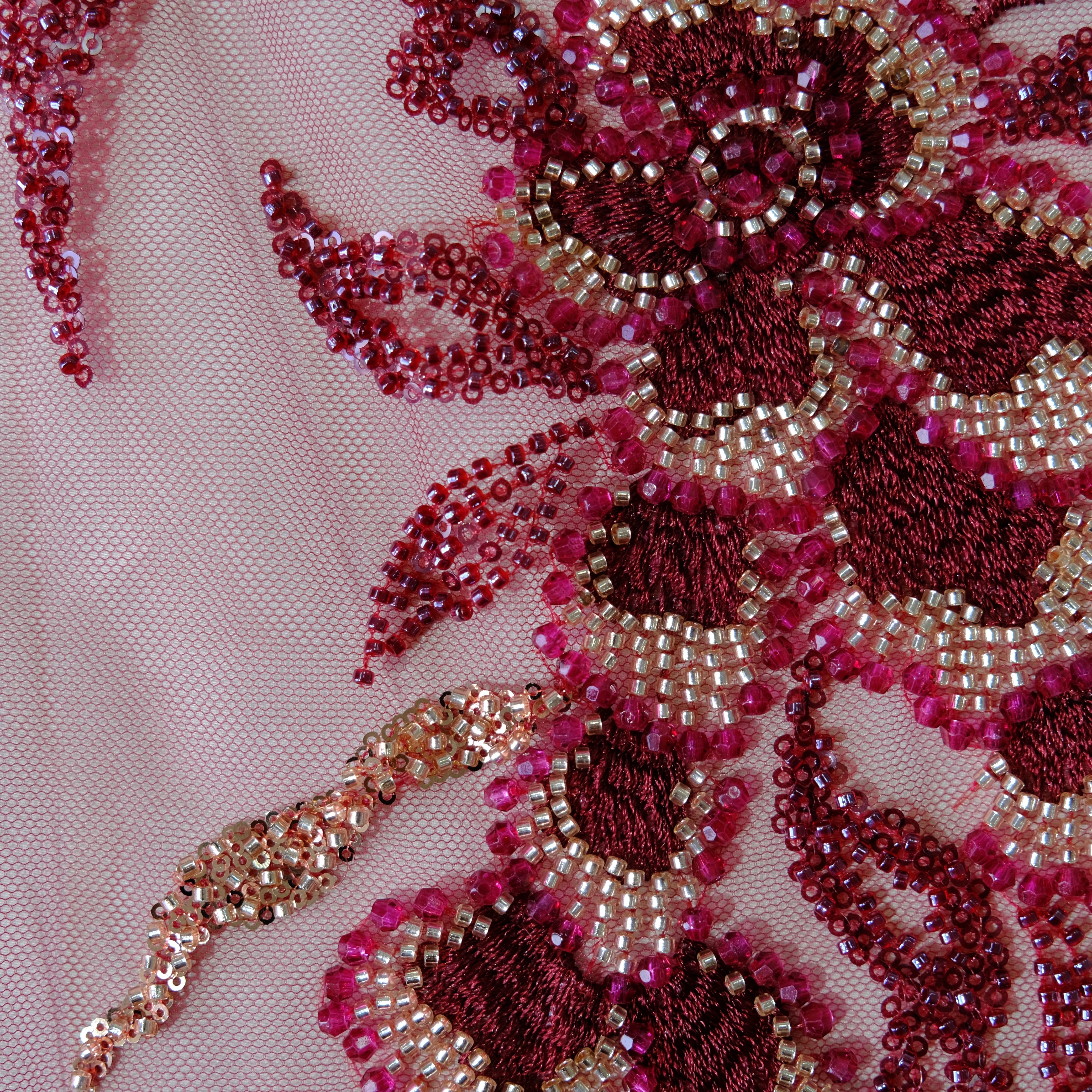 Willow Floral Beaded Embroidery Fabric in Red color