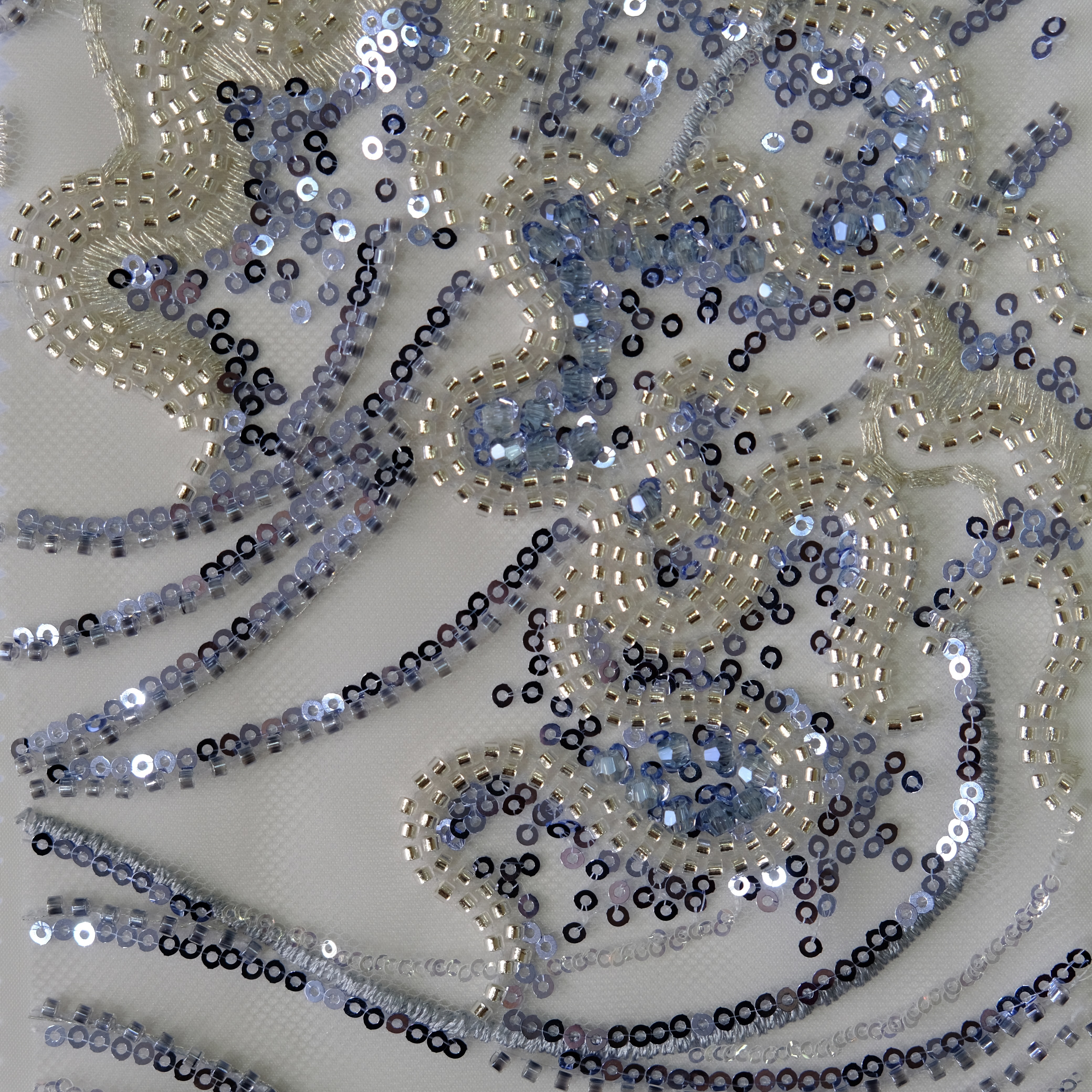 Scroll Wave Floral Beaded Embroidery Fabric LightBlue color