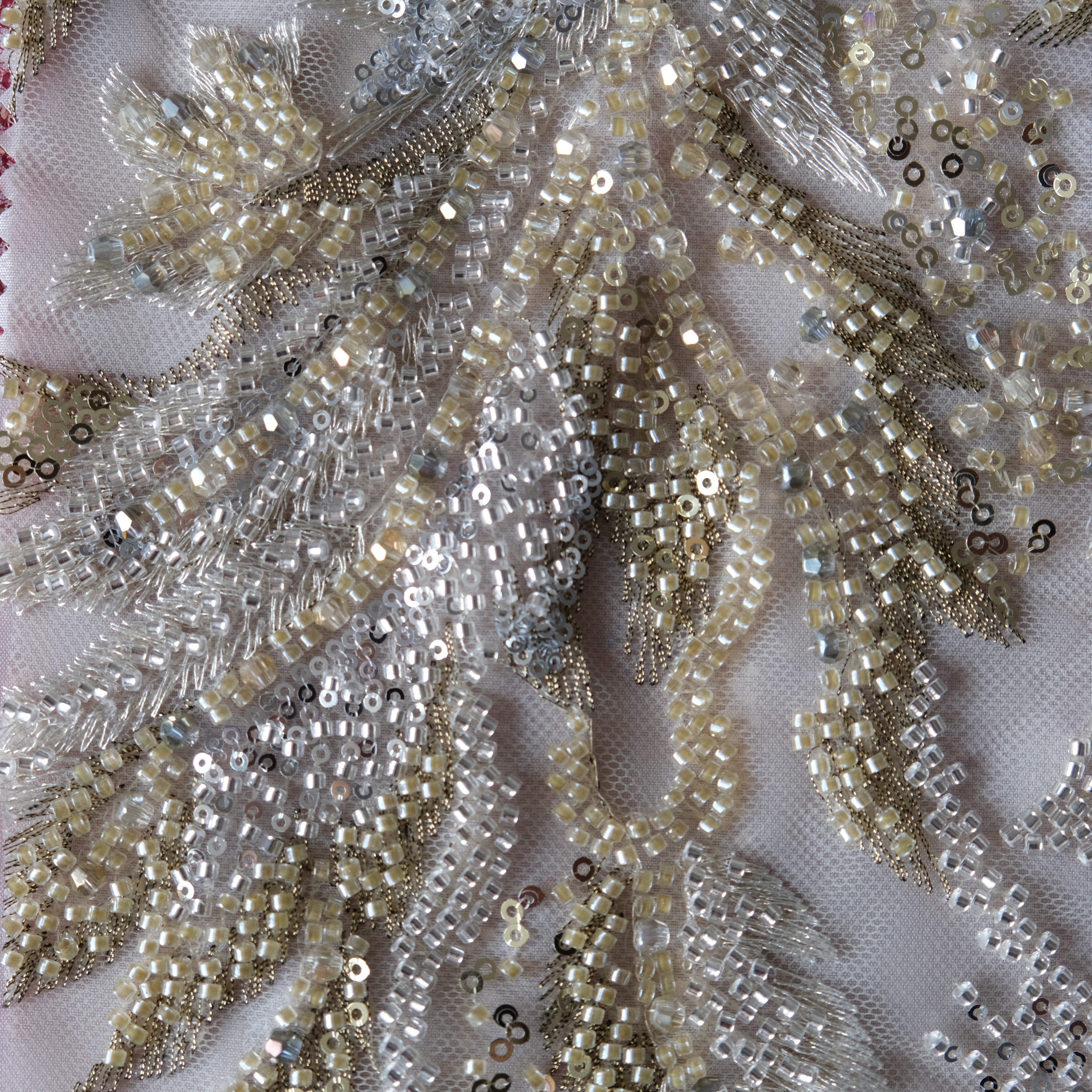Vertical Fern Frond Beaded Embroidery Fabric in LightGreen color