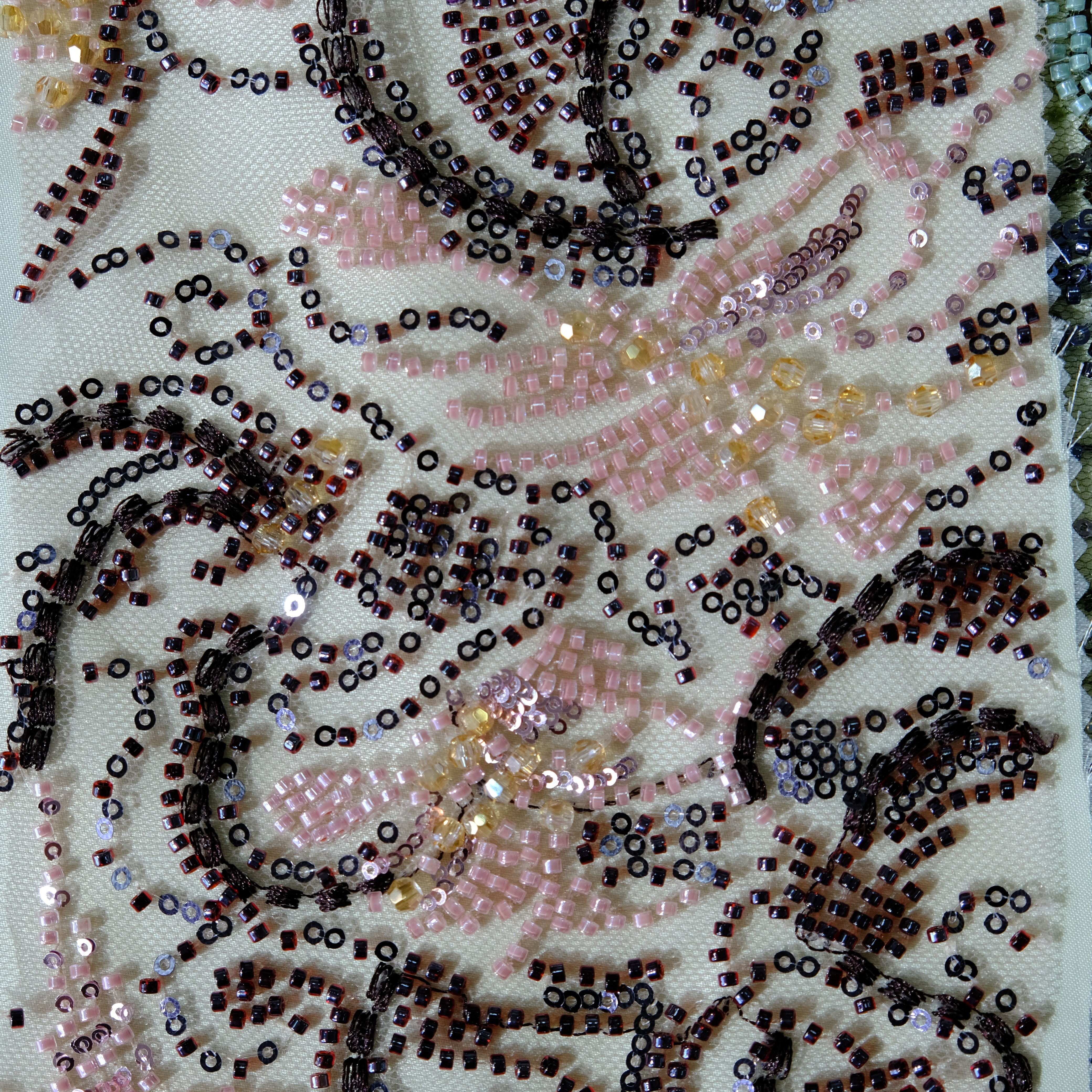 Curly Fern Beaded Embroidery Fabric in PinkPurple color