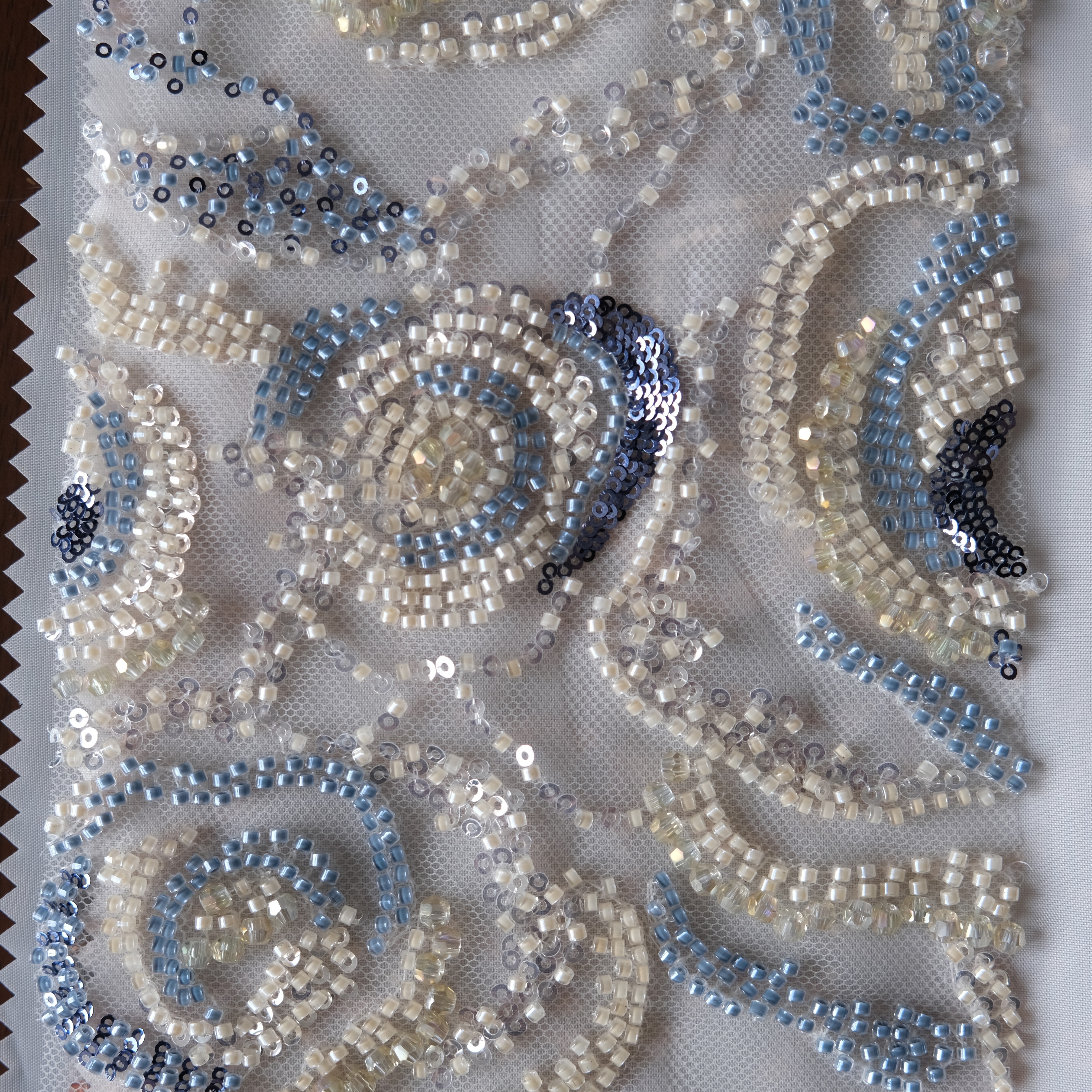 Circular Swirl Beaded Embroidery Fabric in YellowBlue color