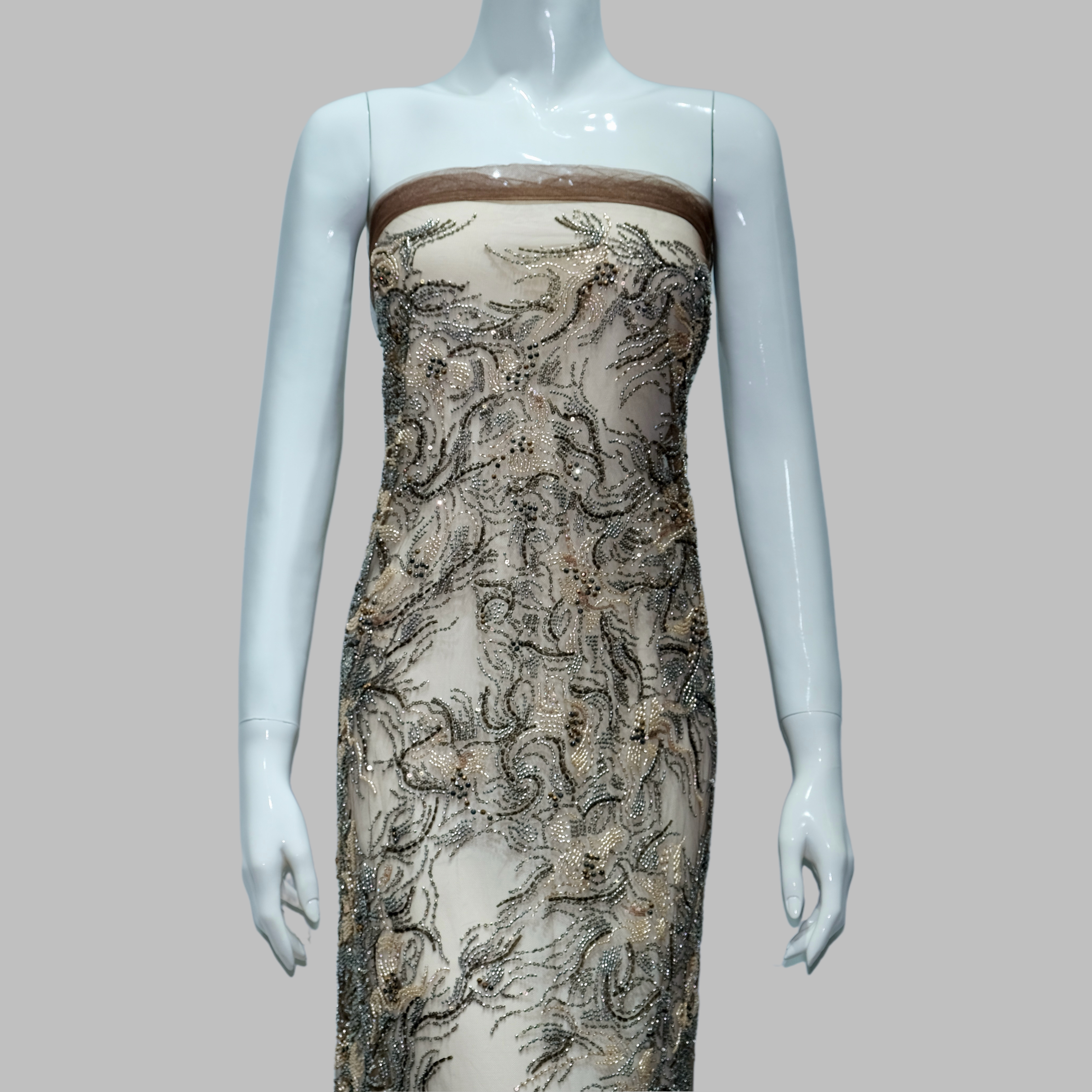Curly Fern Beaded Embroidery Fabricfor couture fashion design