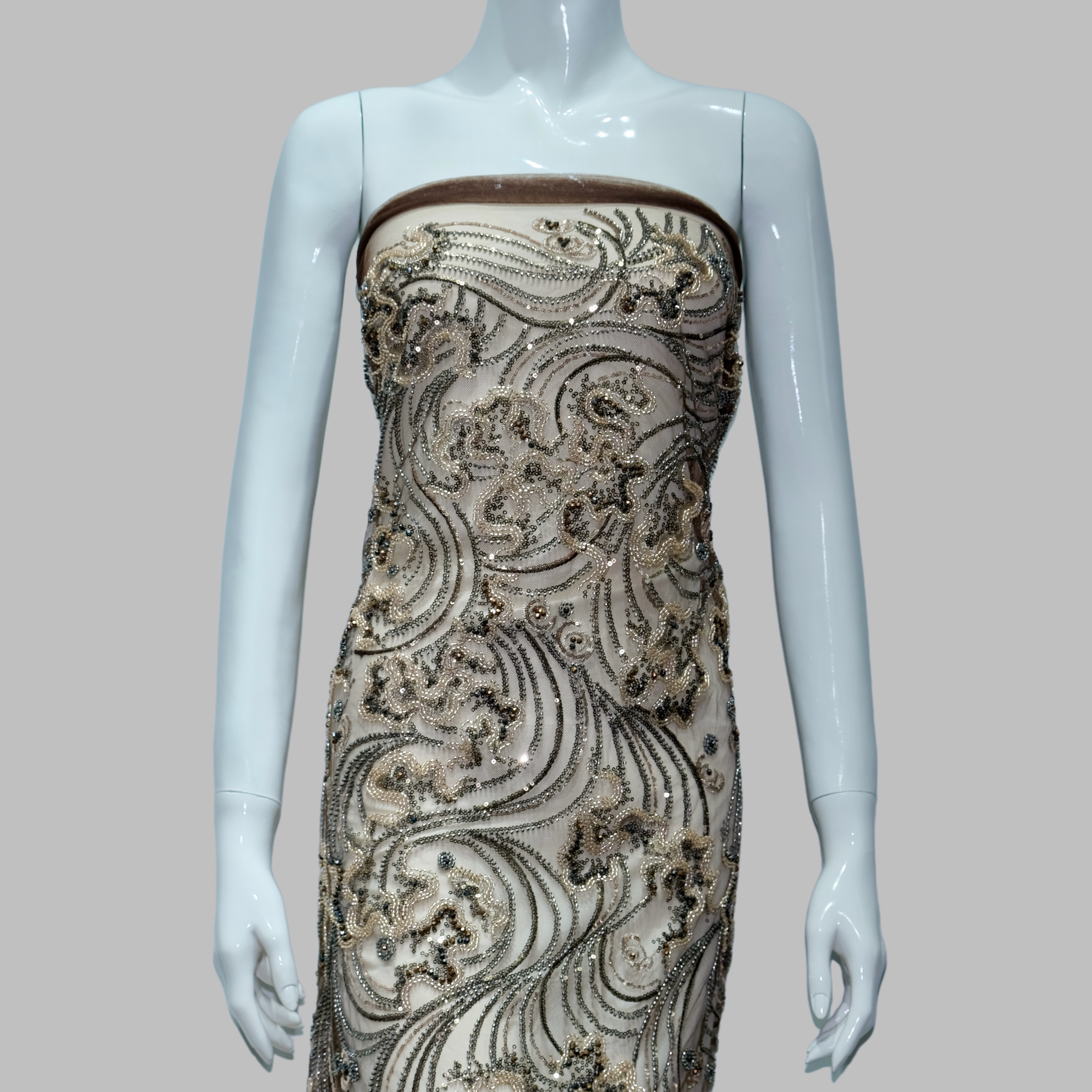 Scroll Wave Floral Beaded Embroidery Fabric for couture fashion design