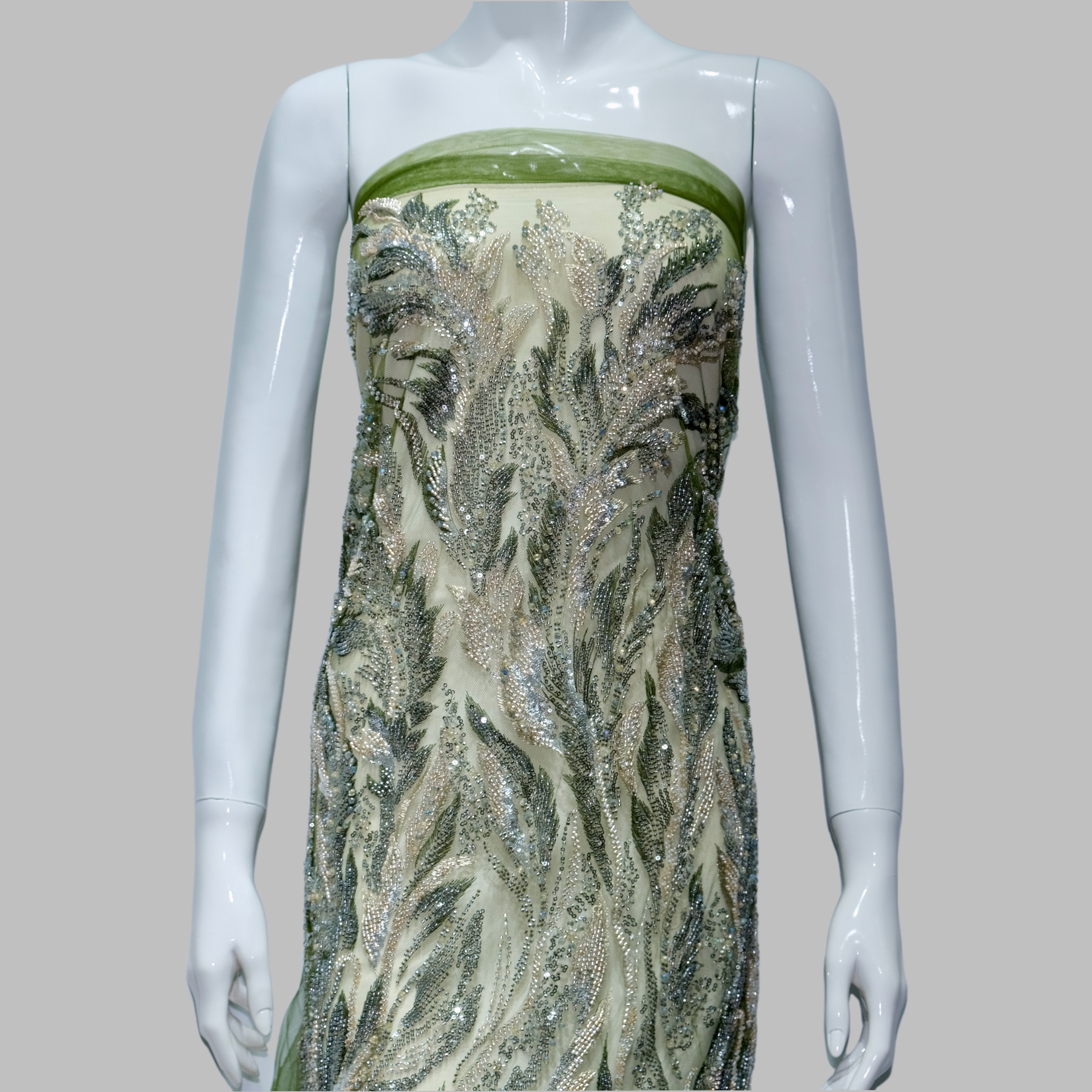 Vertical Fern Frond Beaded Embroidery Fabric for couture fashion design