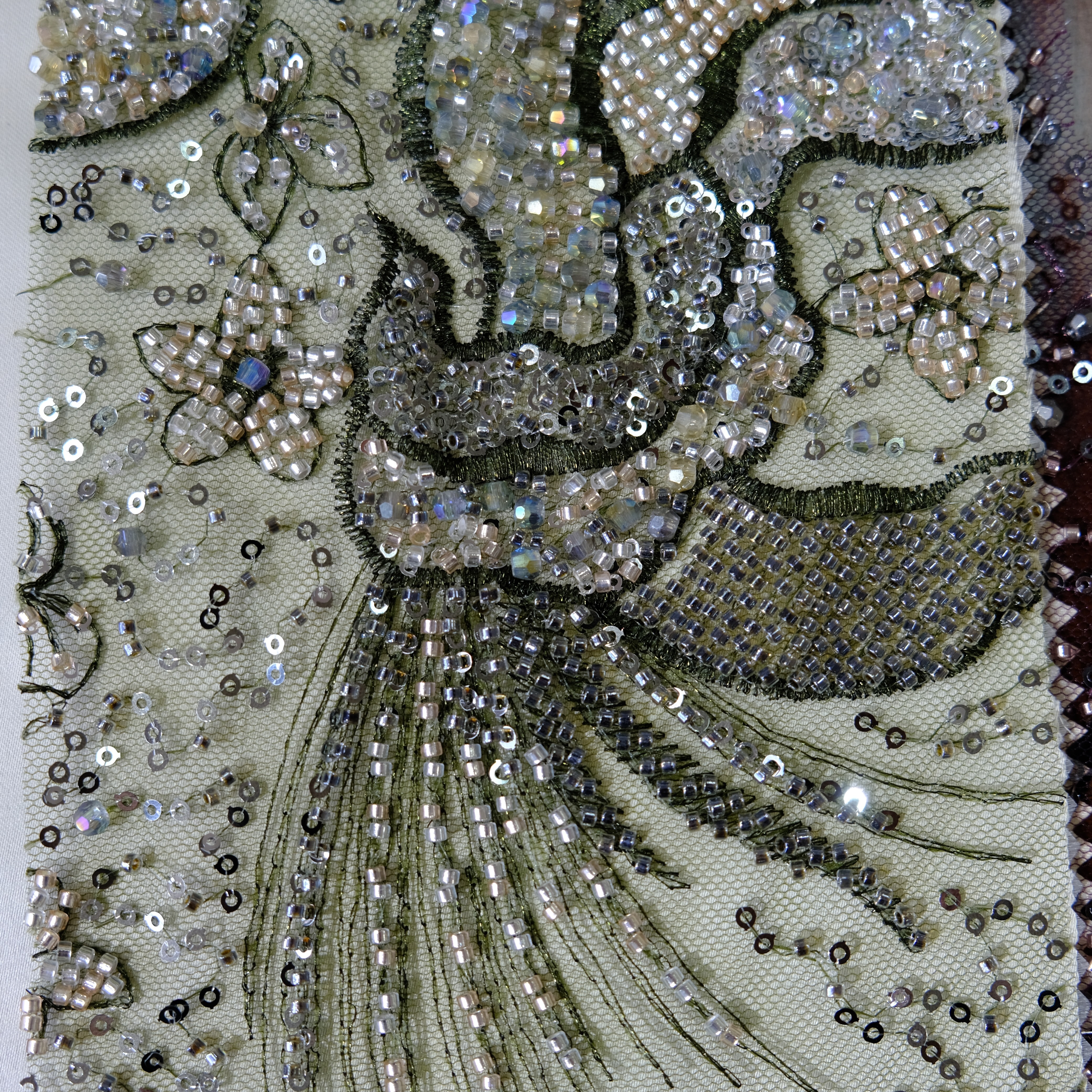 Phoenix Bloom Beaded Embroidery Fabric in ArmyGreen color