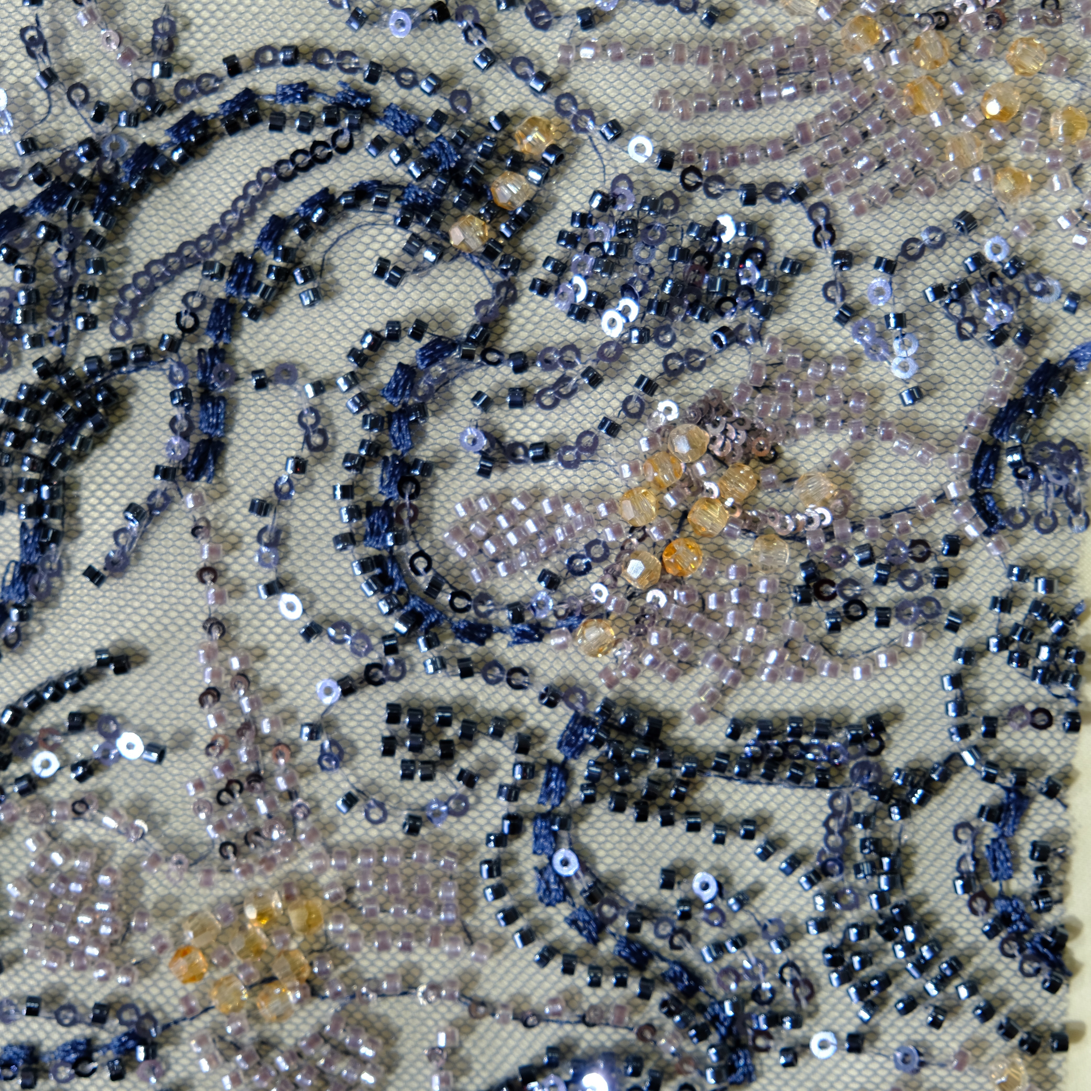 Curly Fern Beaded Embroidery Fabric in Blue color