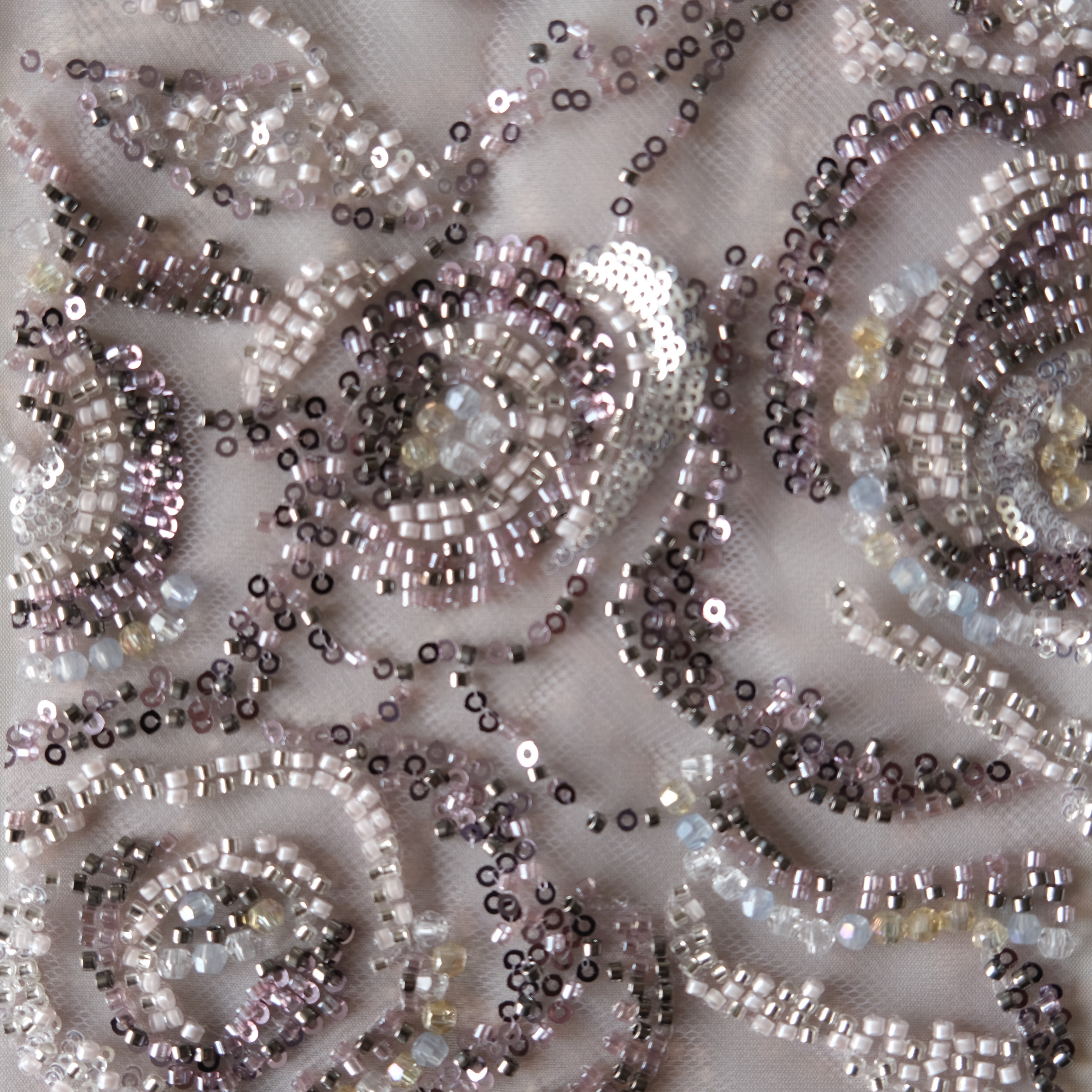 Circular Swirl Beaded Embroidery Fabric in Purple color