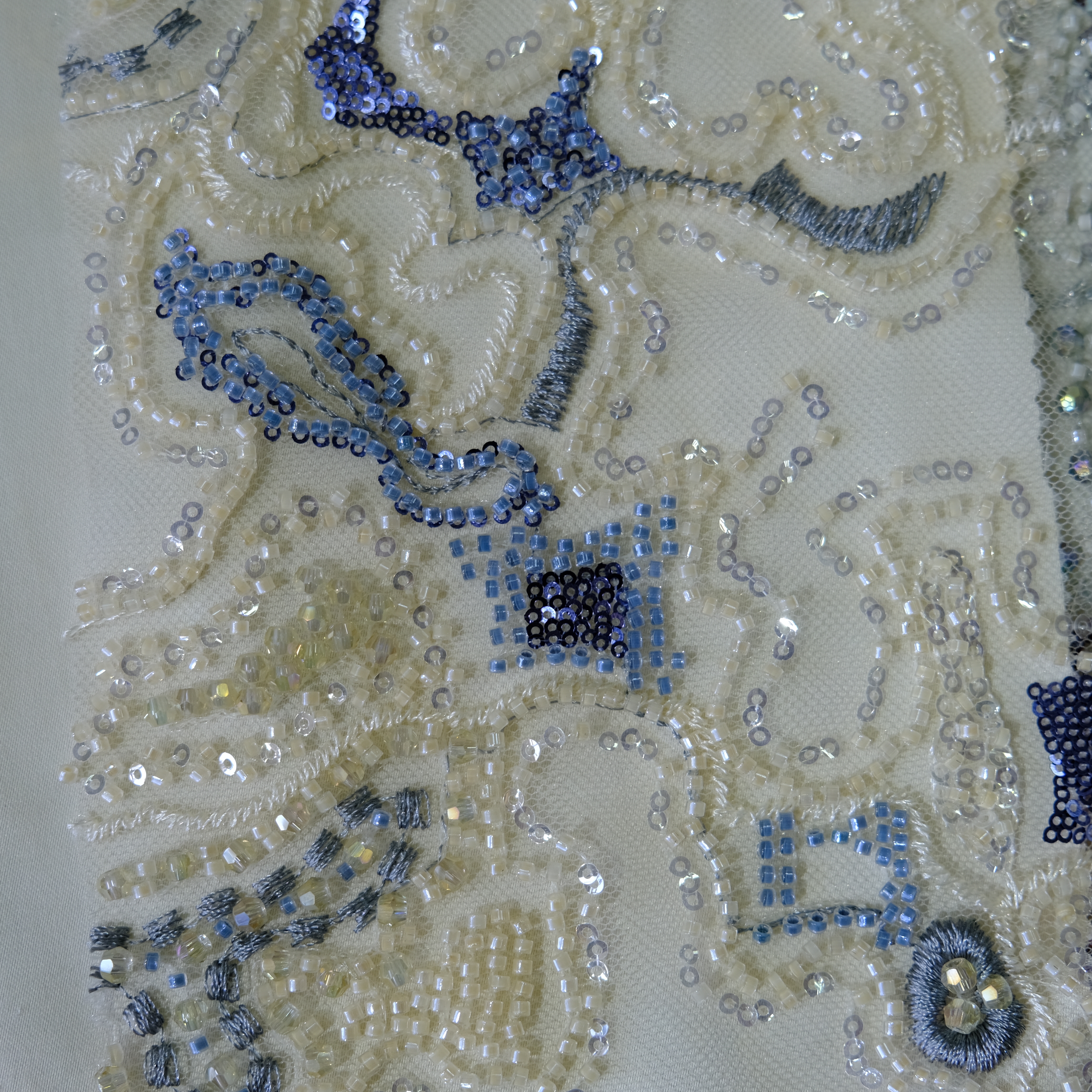 Abstract Maze Beaded Embroidery Fabric in YellowBlue color