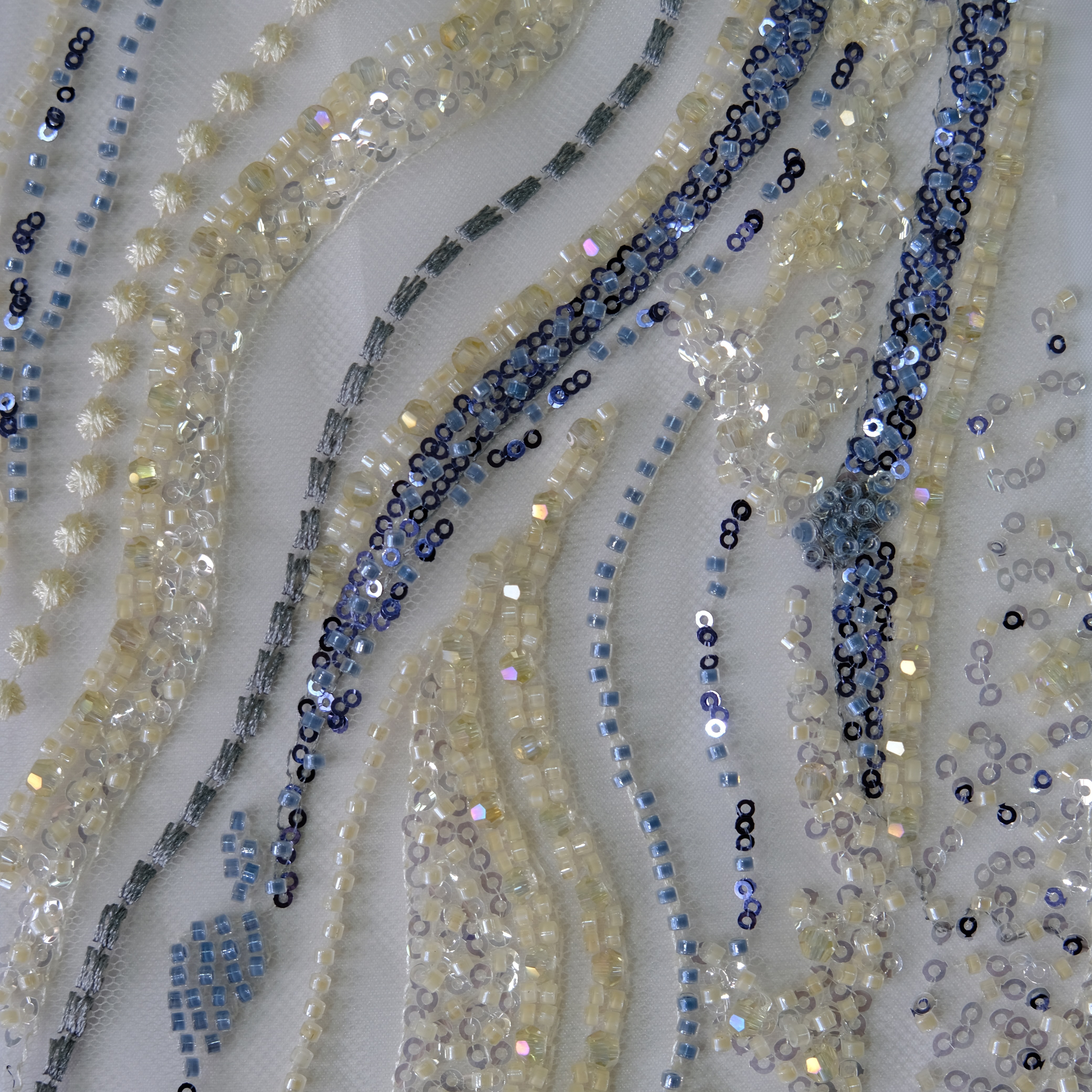 Ripple Stream Beaded Embroidery Fabric in YellowBlue color
