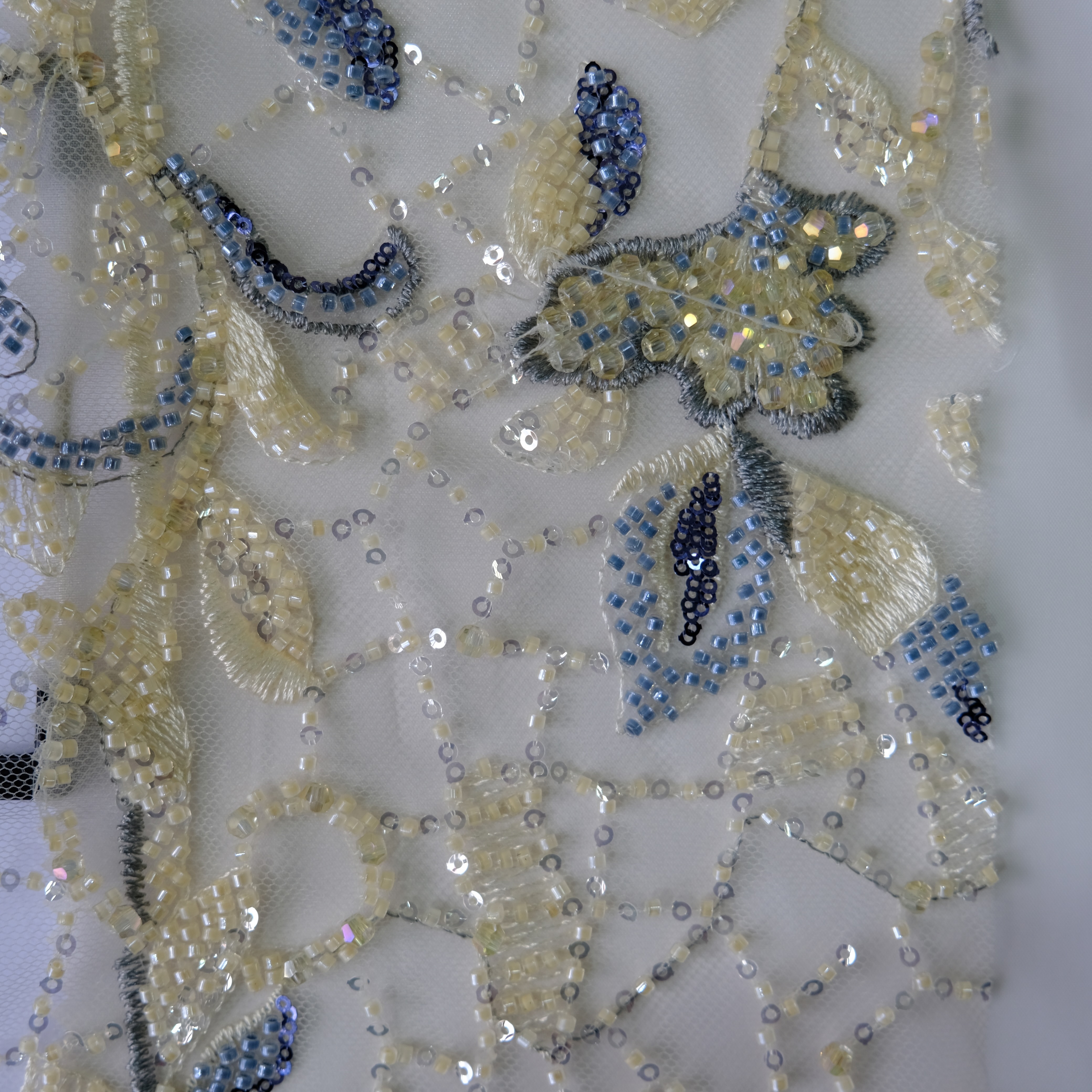 Vine Rose Beaded Embroidery Fabric in YellowBlue color