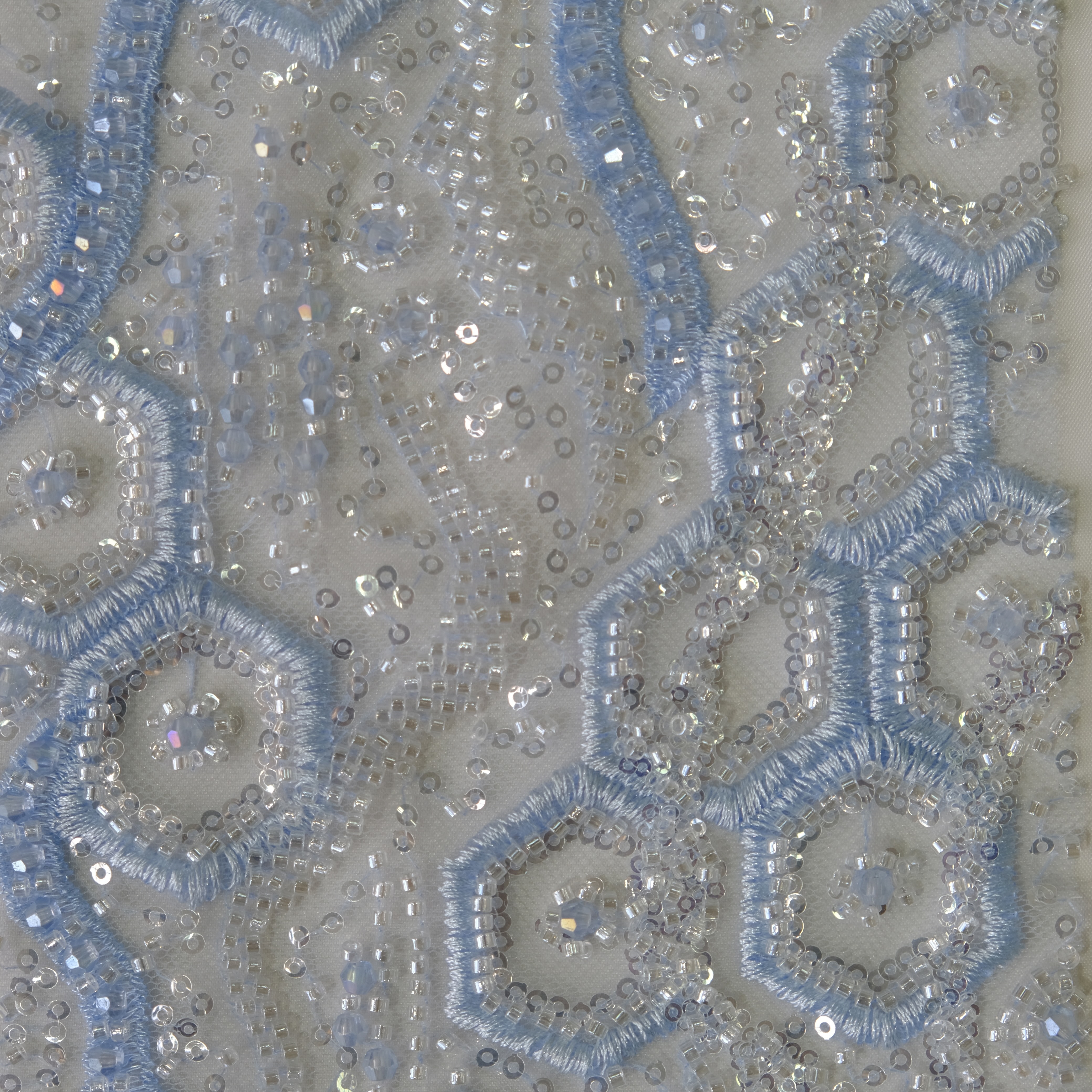 Honeycomb Stream Beaded Embroidery Fabric in Blue color