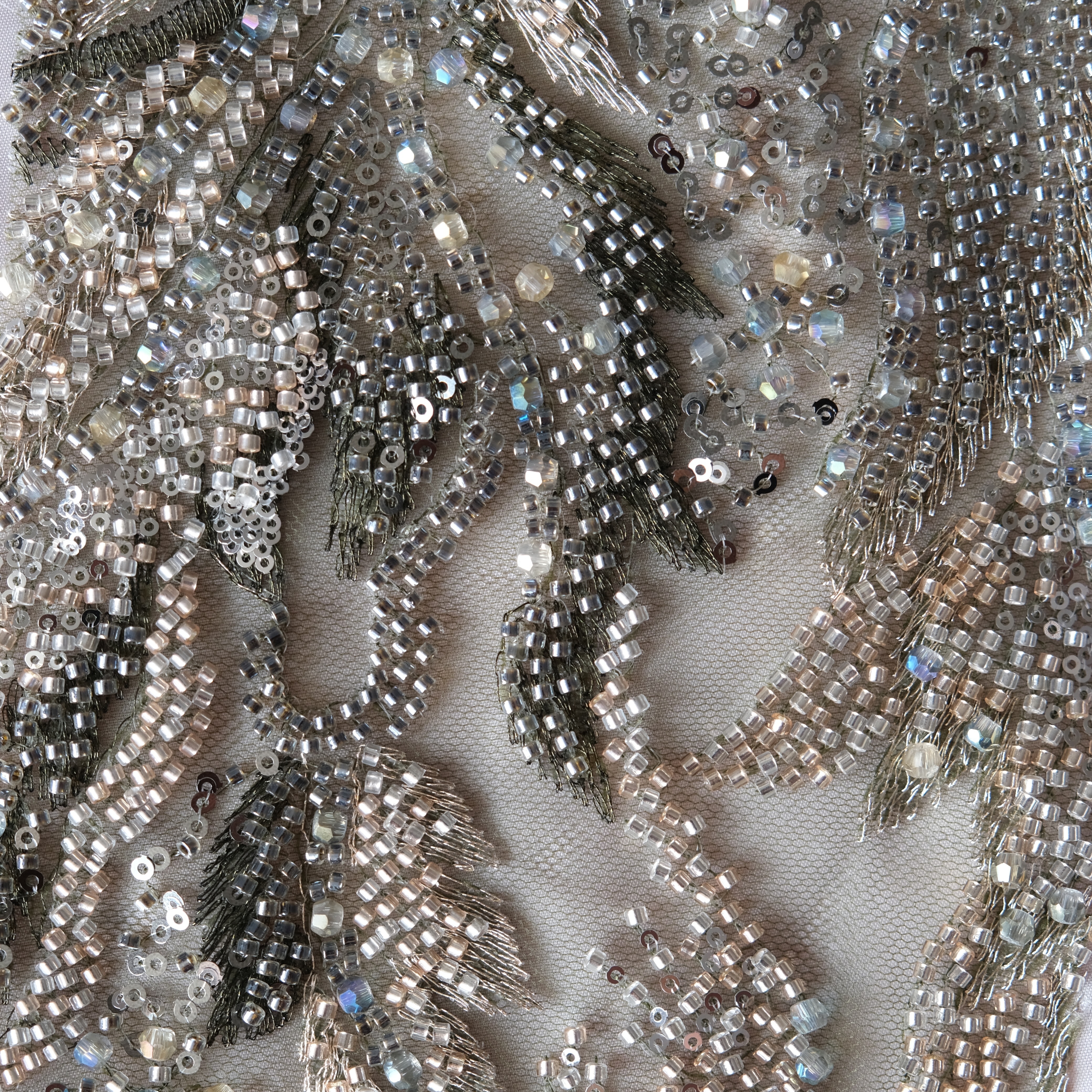 Vertical Fern Frond Beaded Embroidery Fabric in DeepGreen color