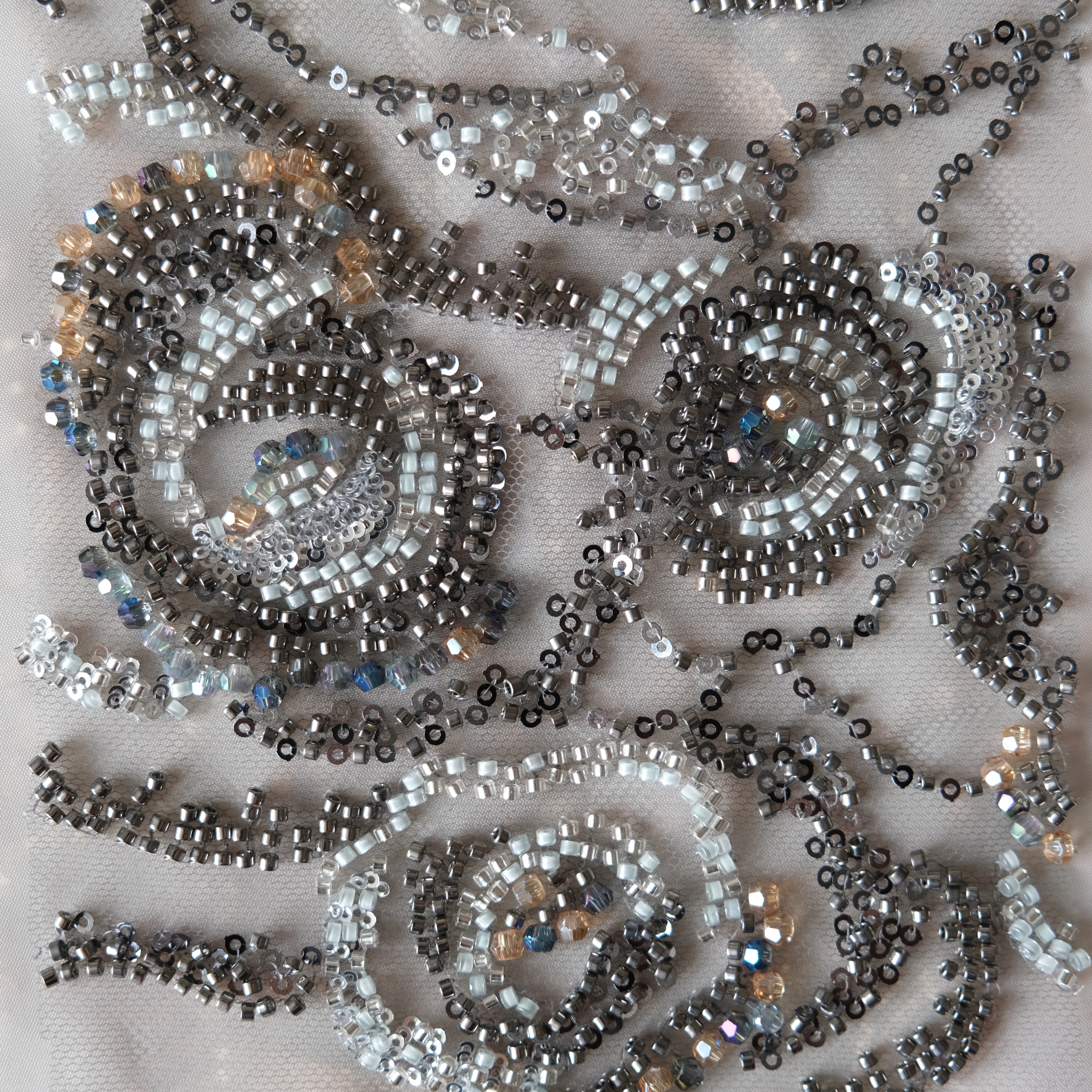Circular Swirl Beaded Embroidery Fabric in Gray color
