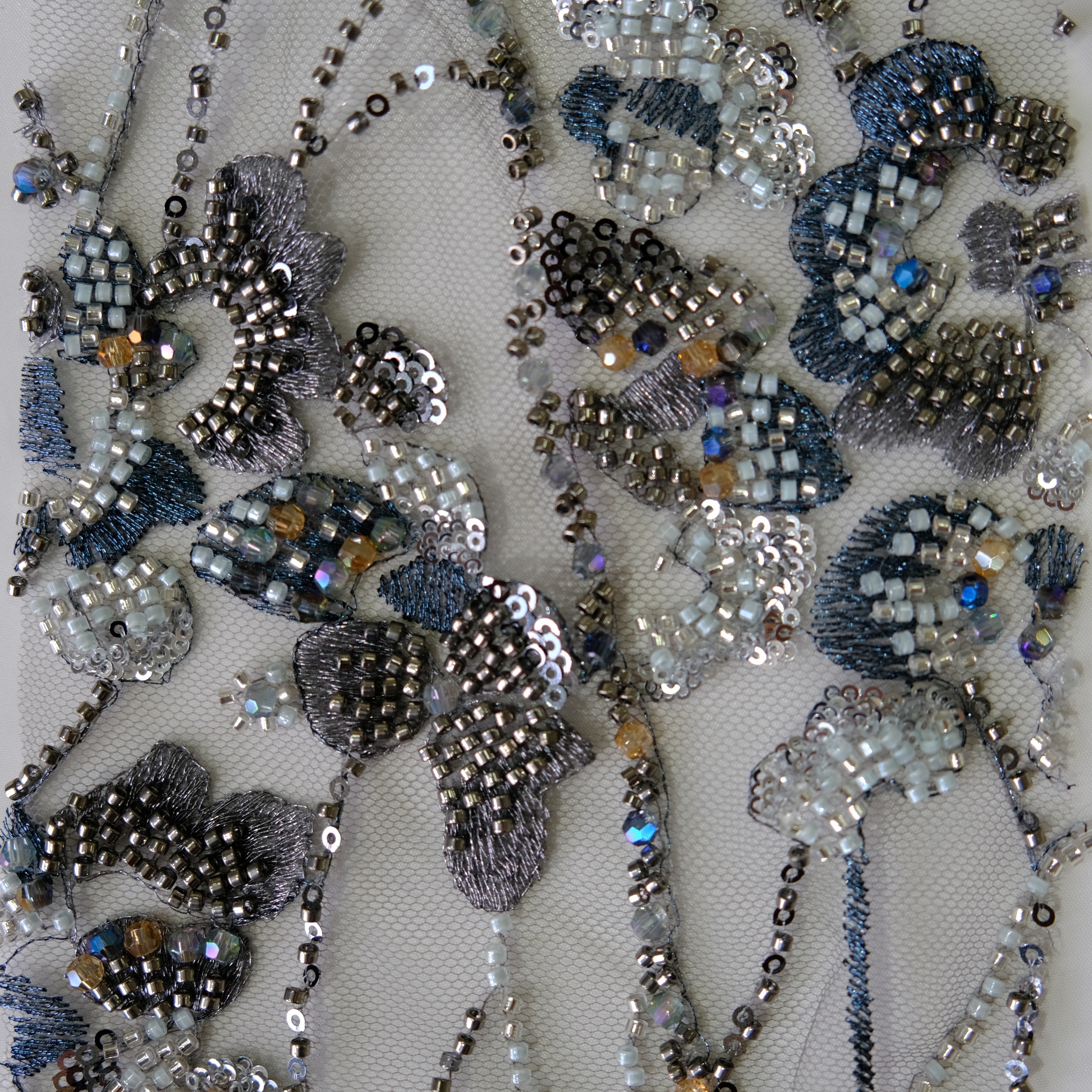 Dropping Blossom Beaded Embroidery Fabric in Gray color