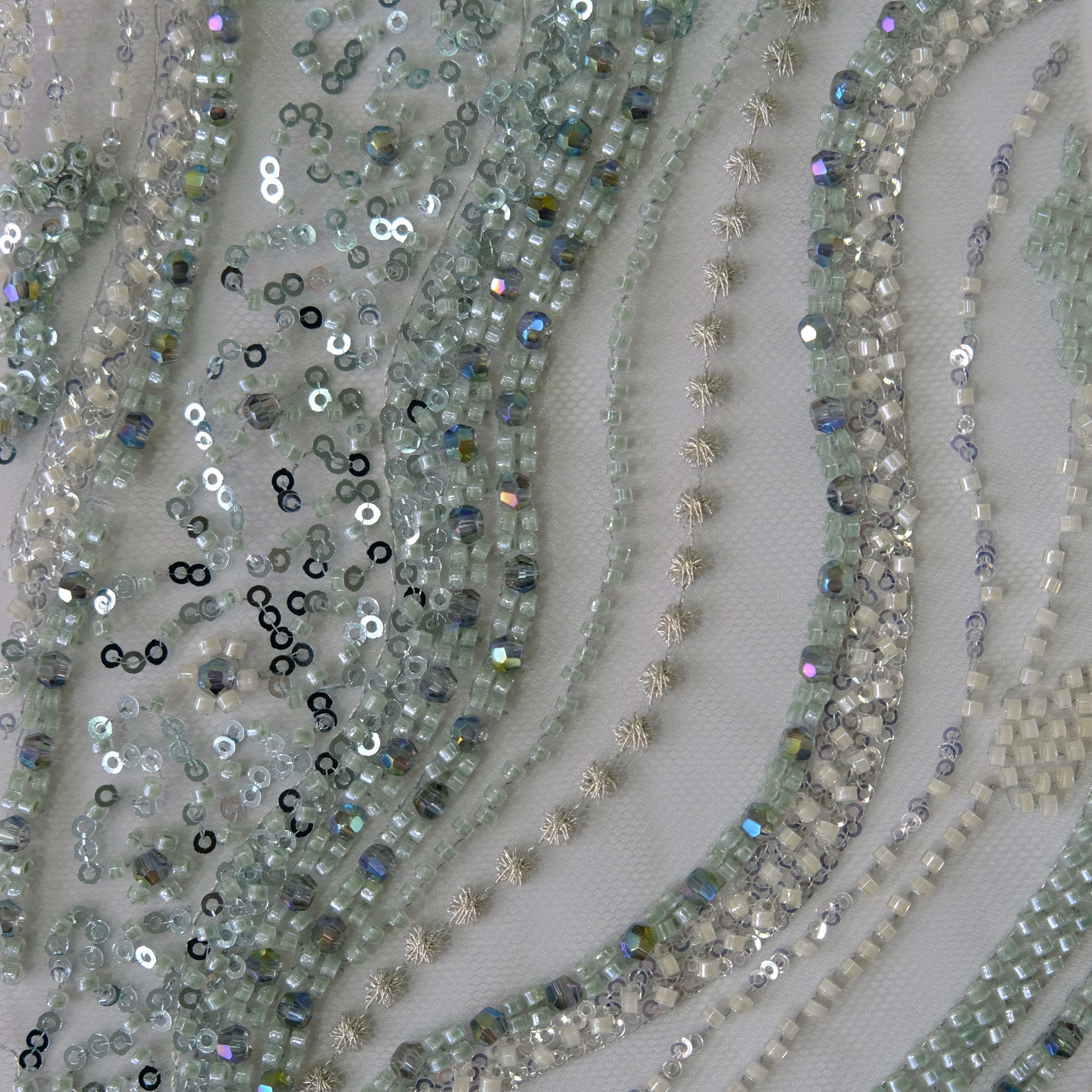 Ripple Stream Beaded Embroidery Fabric in LightBlue color