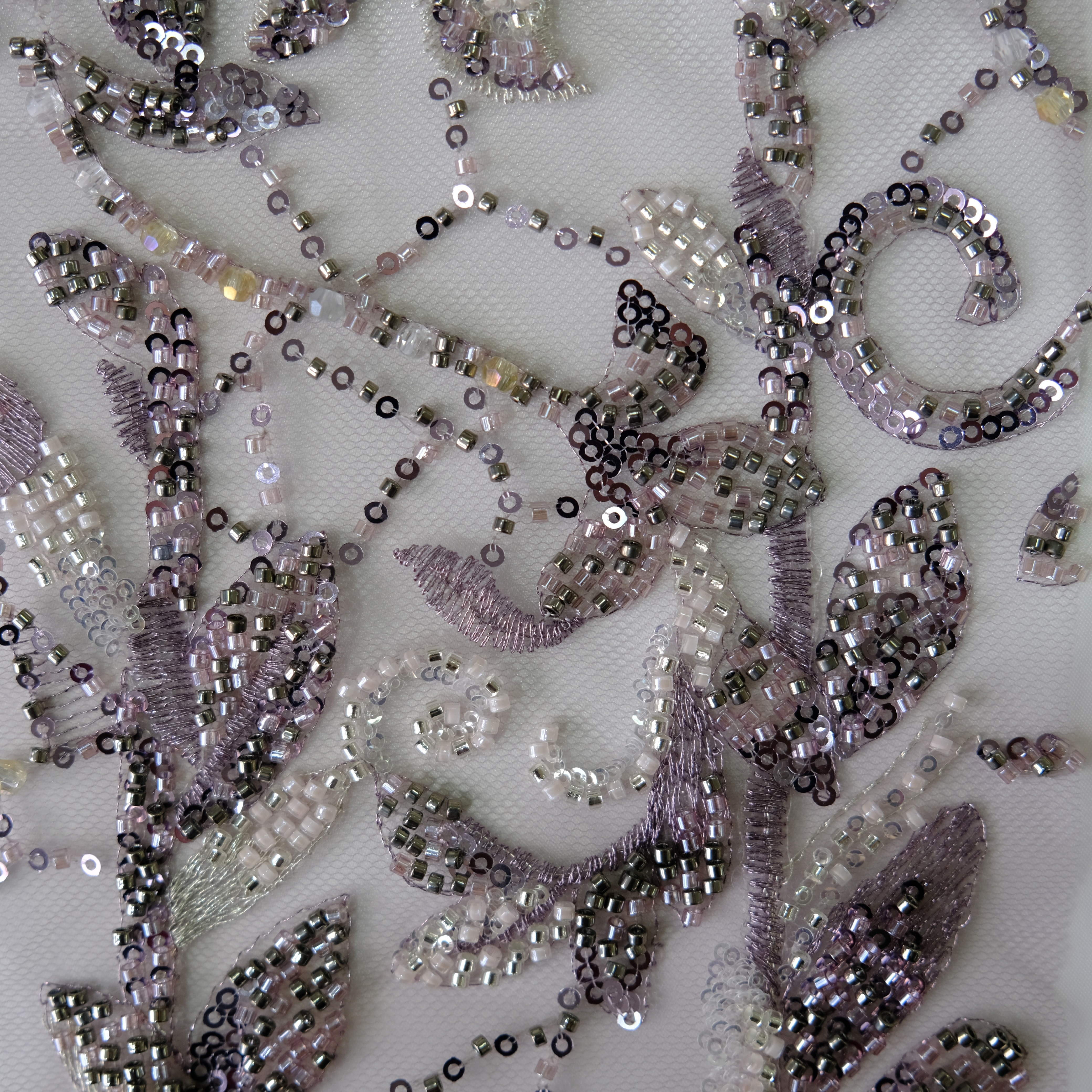 Vine Rose Beaded Embroidery Fabric in LightPurple color