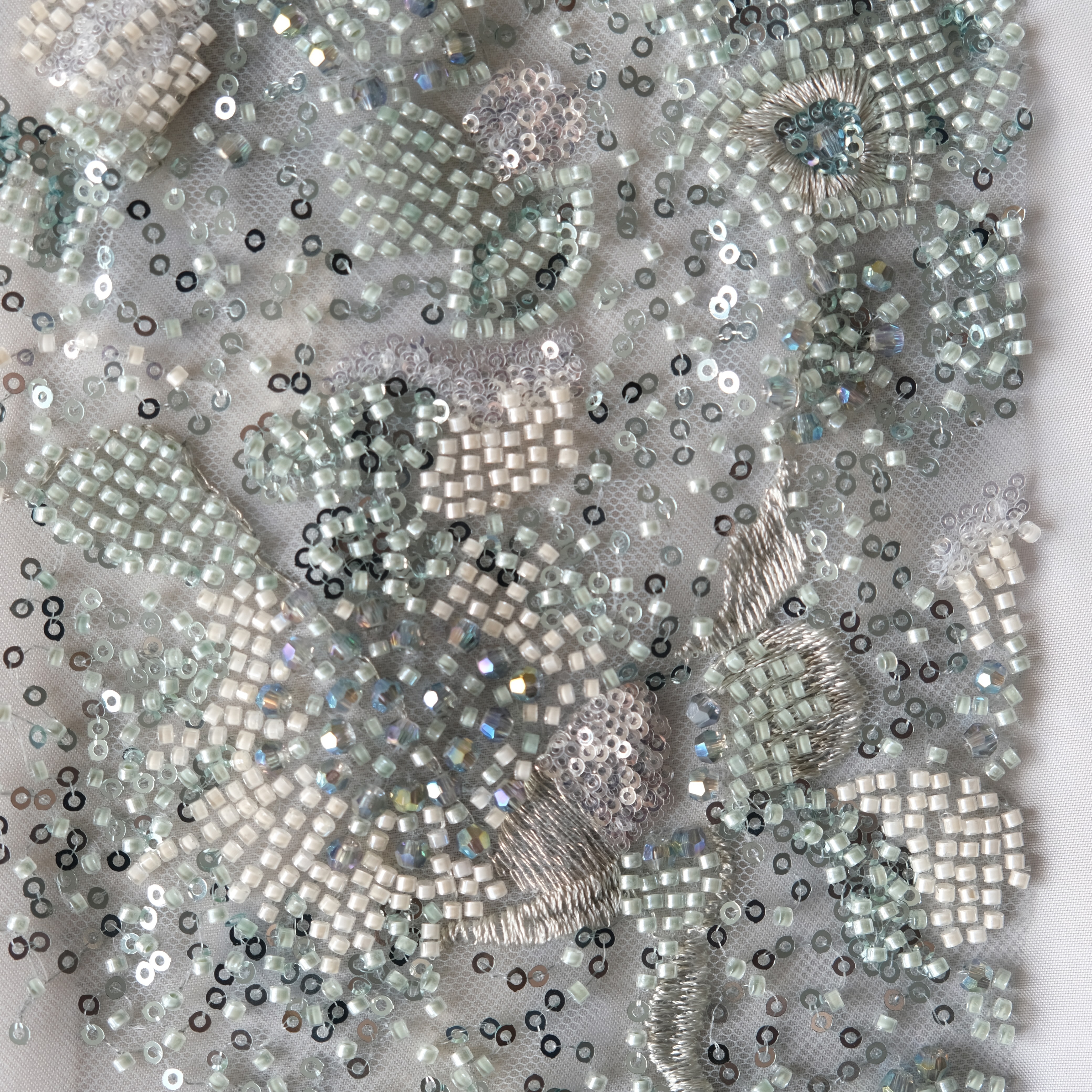 Gradient Floral Grove Beaded Embroidery Fabric in MintGreen color